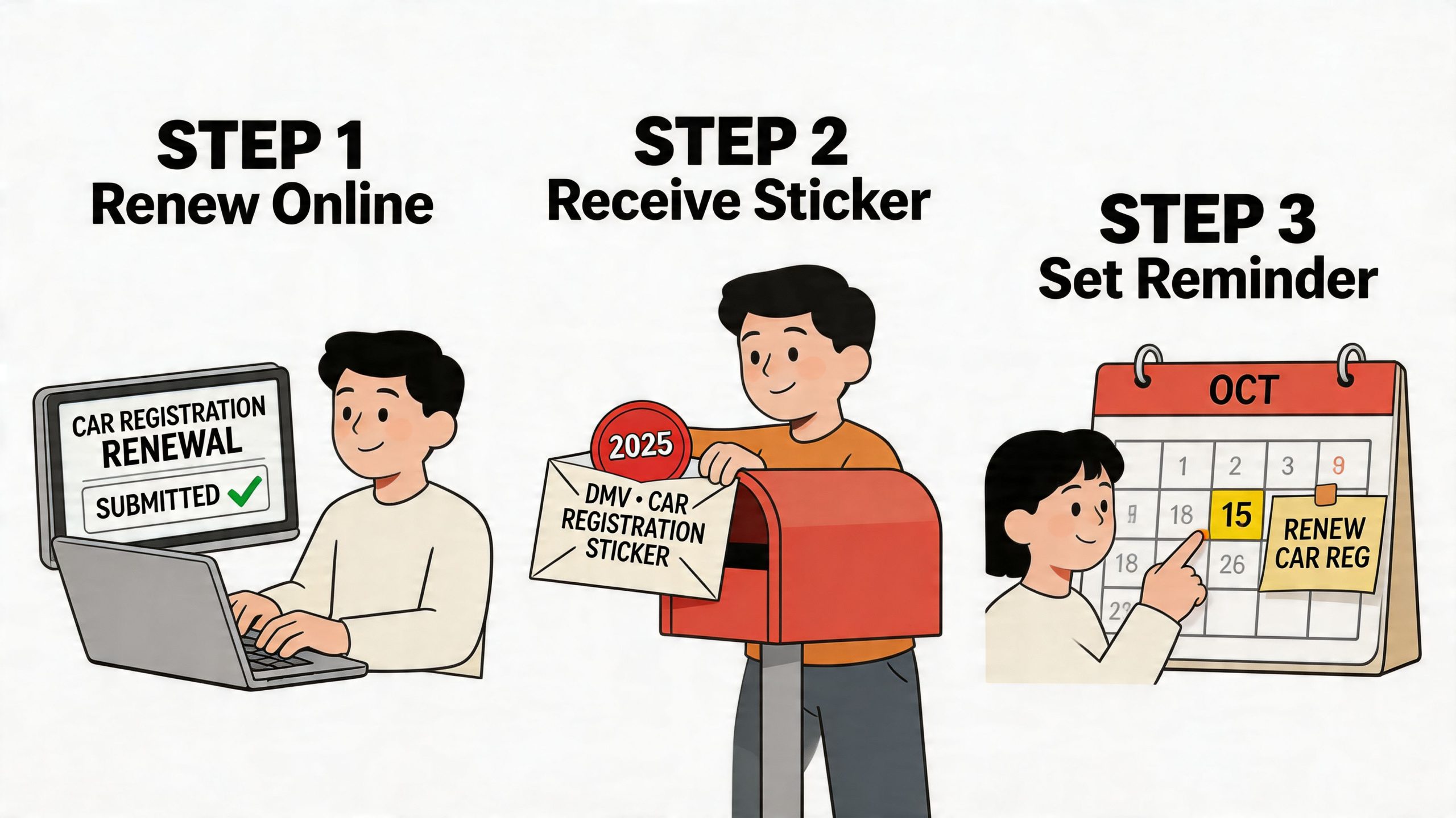A three-step infographic showing how to renew car registration online, receive a sticker, and set a reminder.