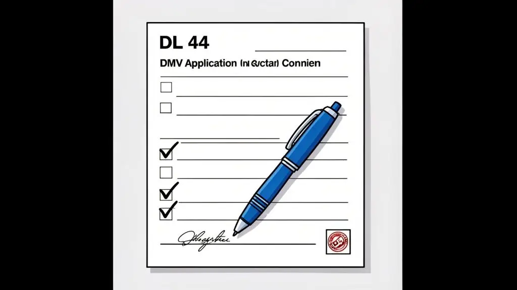A completed DMV application form DL 44 with a blue pen resting on it, showing checked boxes and a signature.