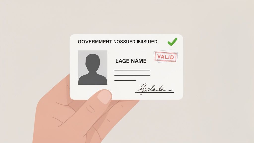 A hand holds a government-issued identification card featuring a silhouette, name, signature, and a 'VALID' stamp with a green checkmark.