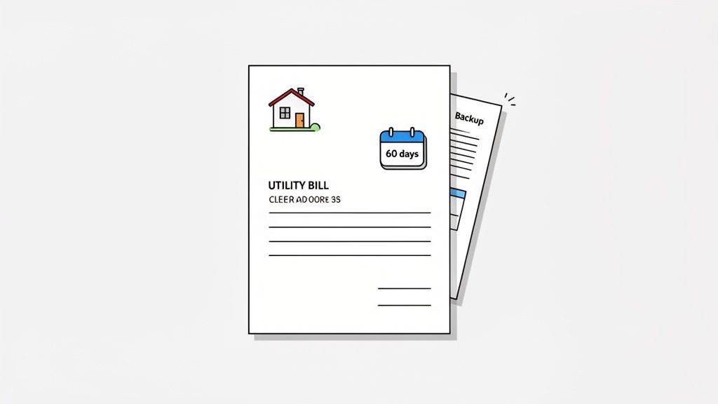 An illustration of a utility bill with a house icon and a calendar showing 60 days, next to a backup document.