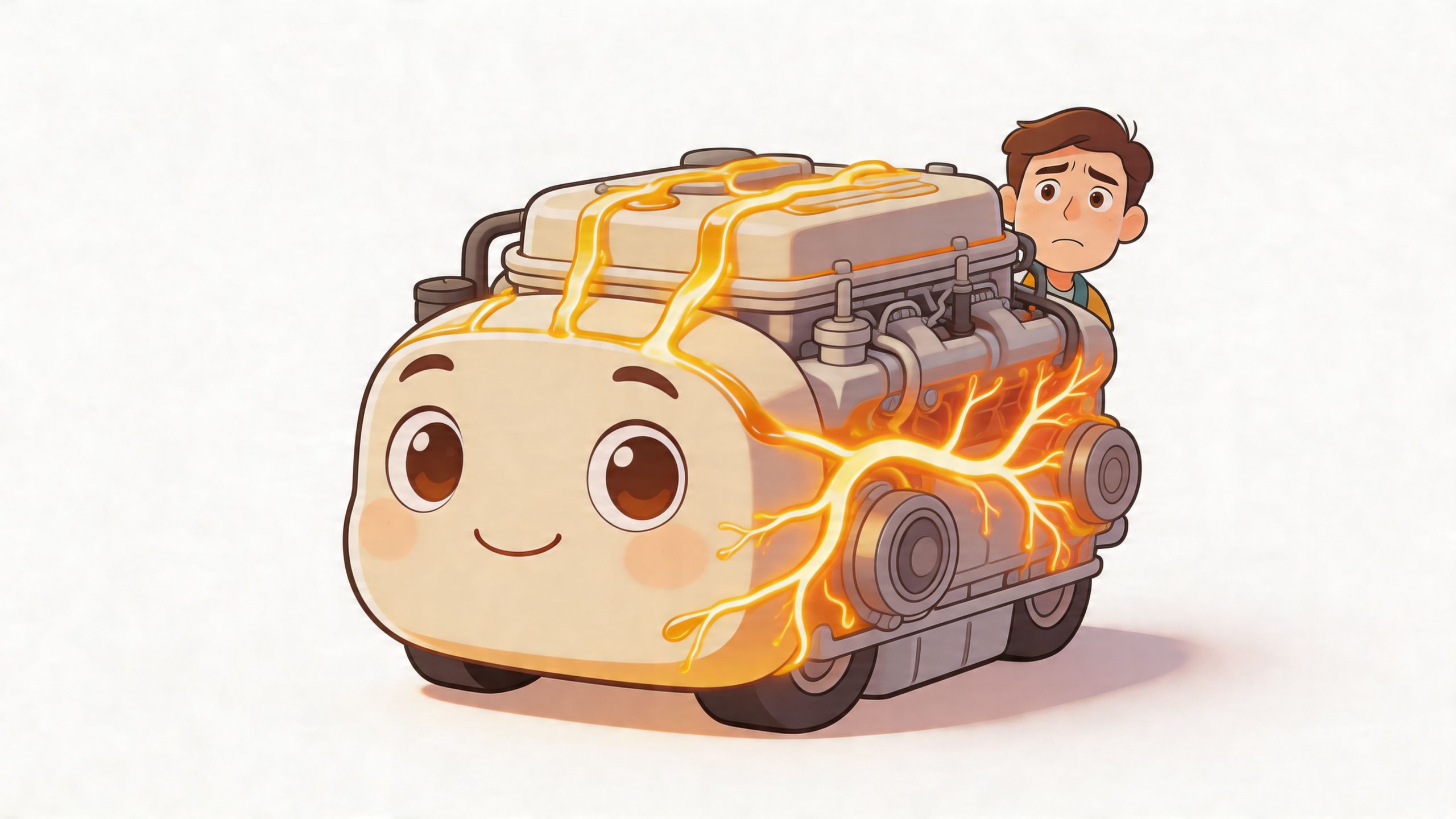 An adorable cartoon character integrated with a mechanical engine emitting glowing golden liquid while a boy watches.