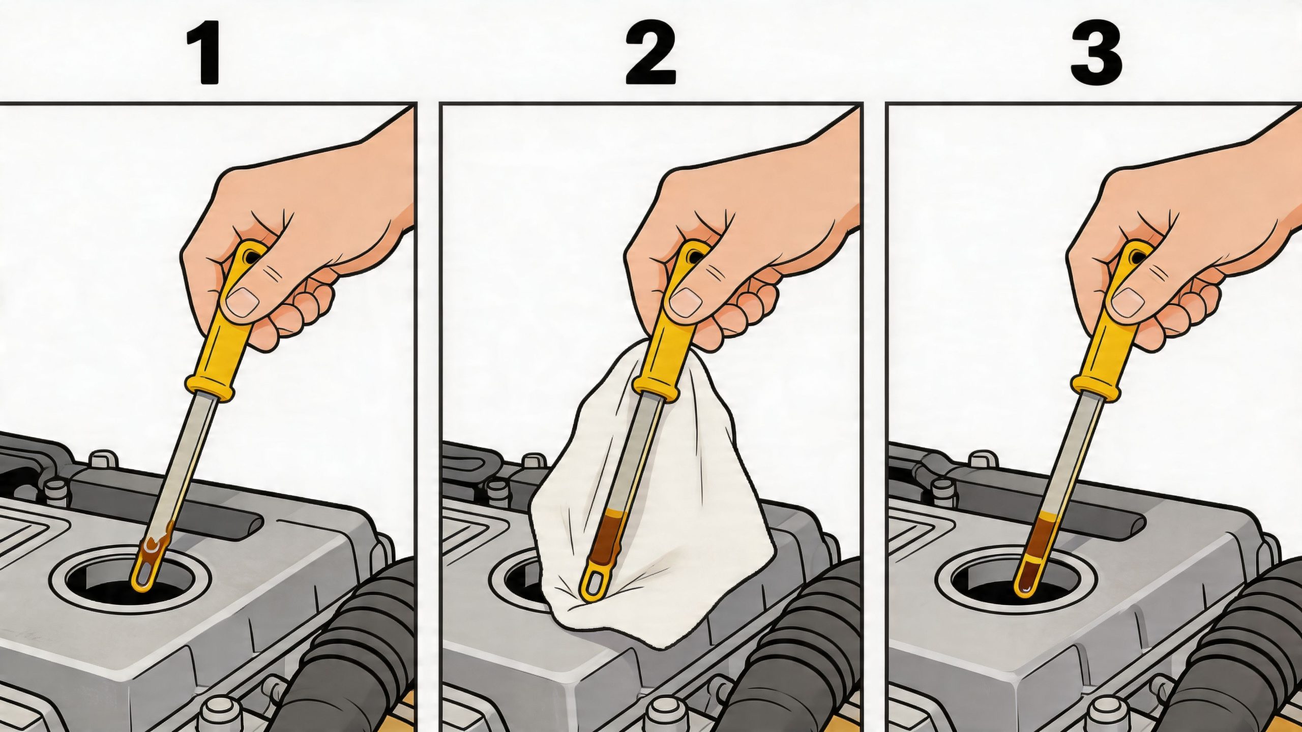A three-step illustration showing a person checking engine oil using a dipstick on a car engine.