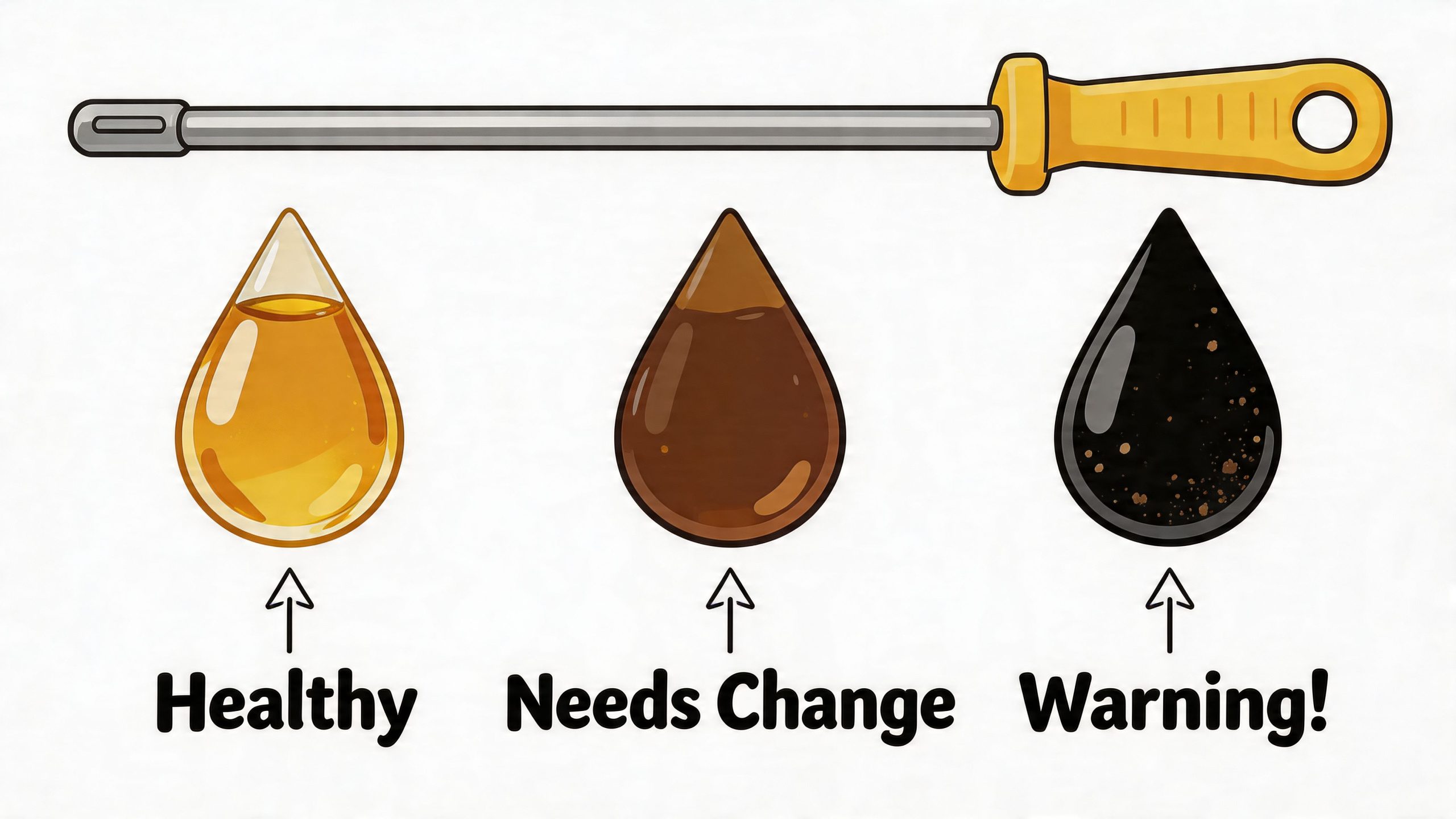 An illustration showing three oil droplets representing healthy, needs change, and warning levels for car oil.