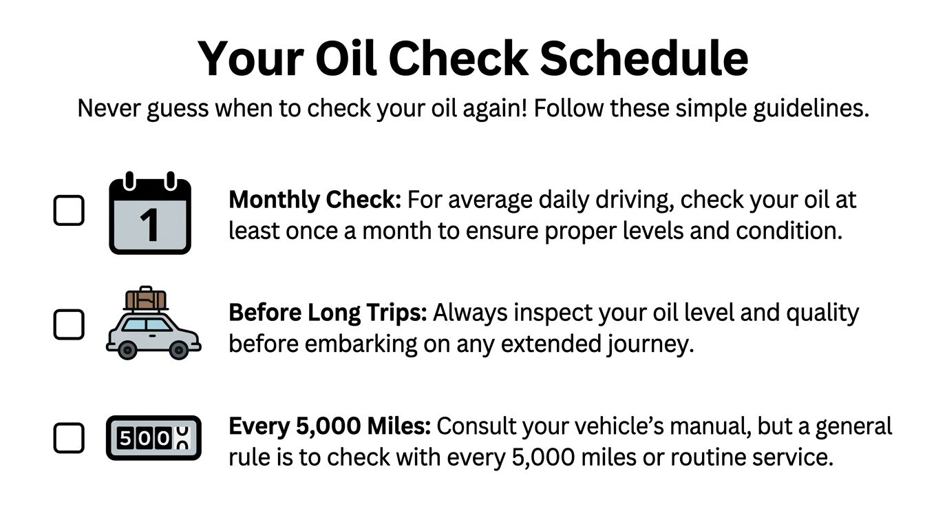 An infographic titled Your Oil Check Schedule providing three simple tips for when to check vehicle oil.