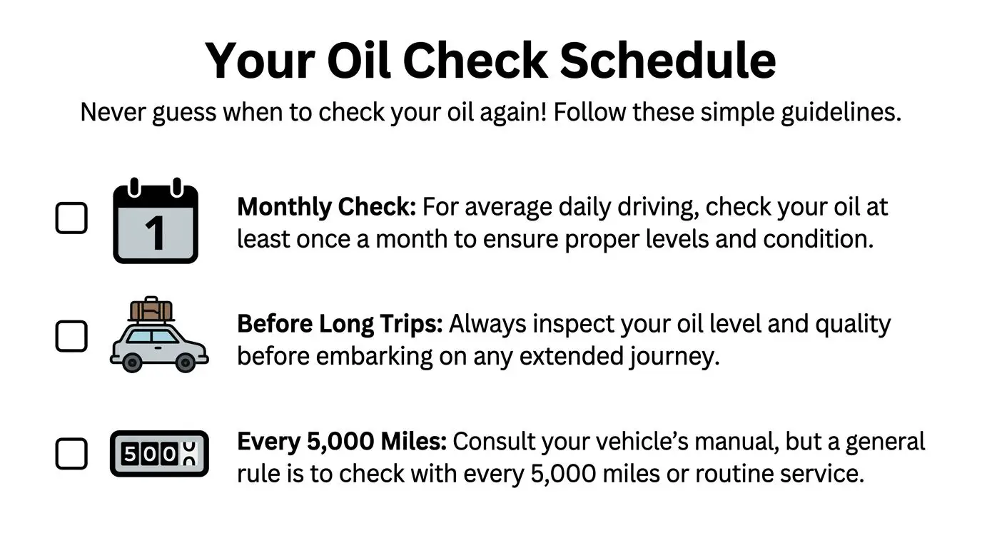 An infographic titled Your Oil Check Schedule providing three simple tips for when to check vehicle oil.