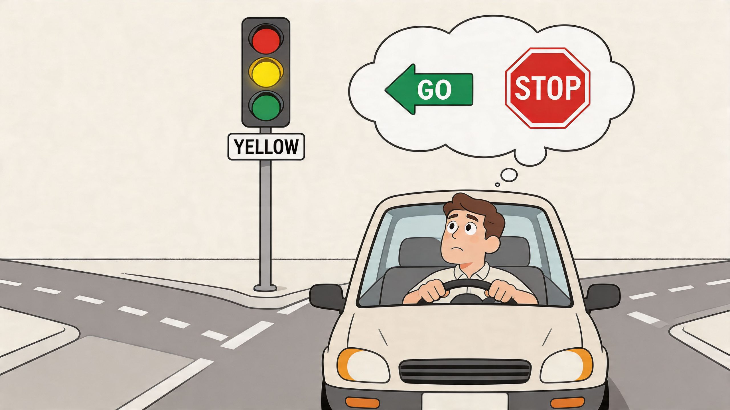 A confused driver in a car looking at a traffic light illuminated as yellow.