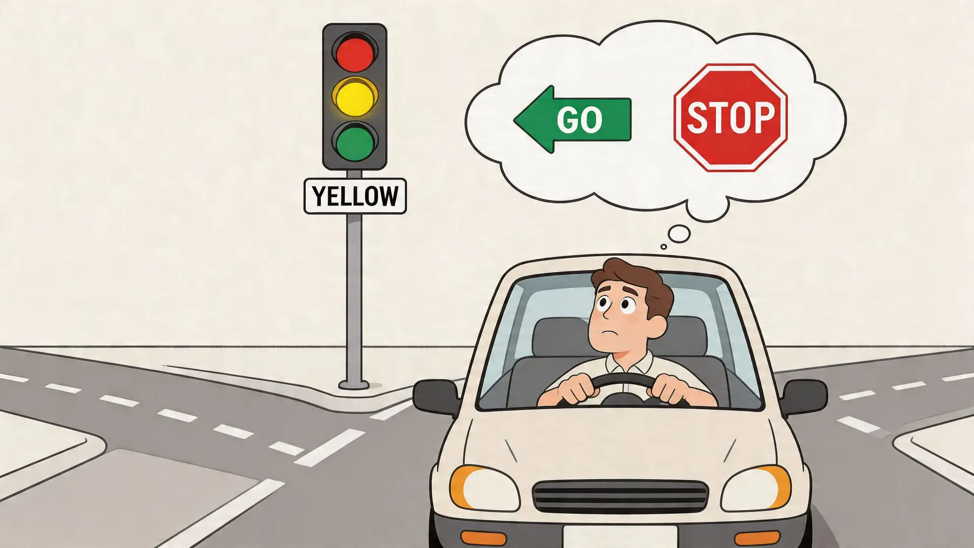 A confused driver in a car looking at a traffic light illuminated as yellow.