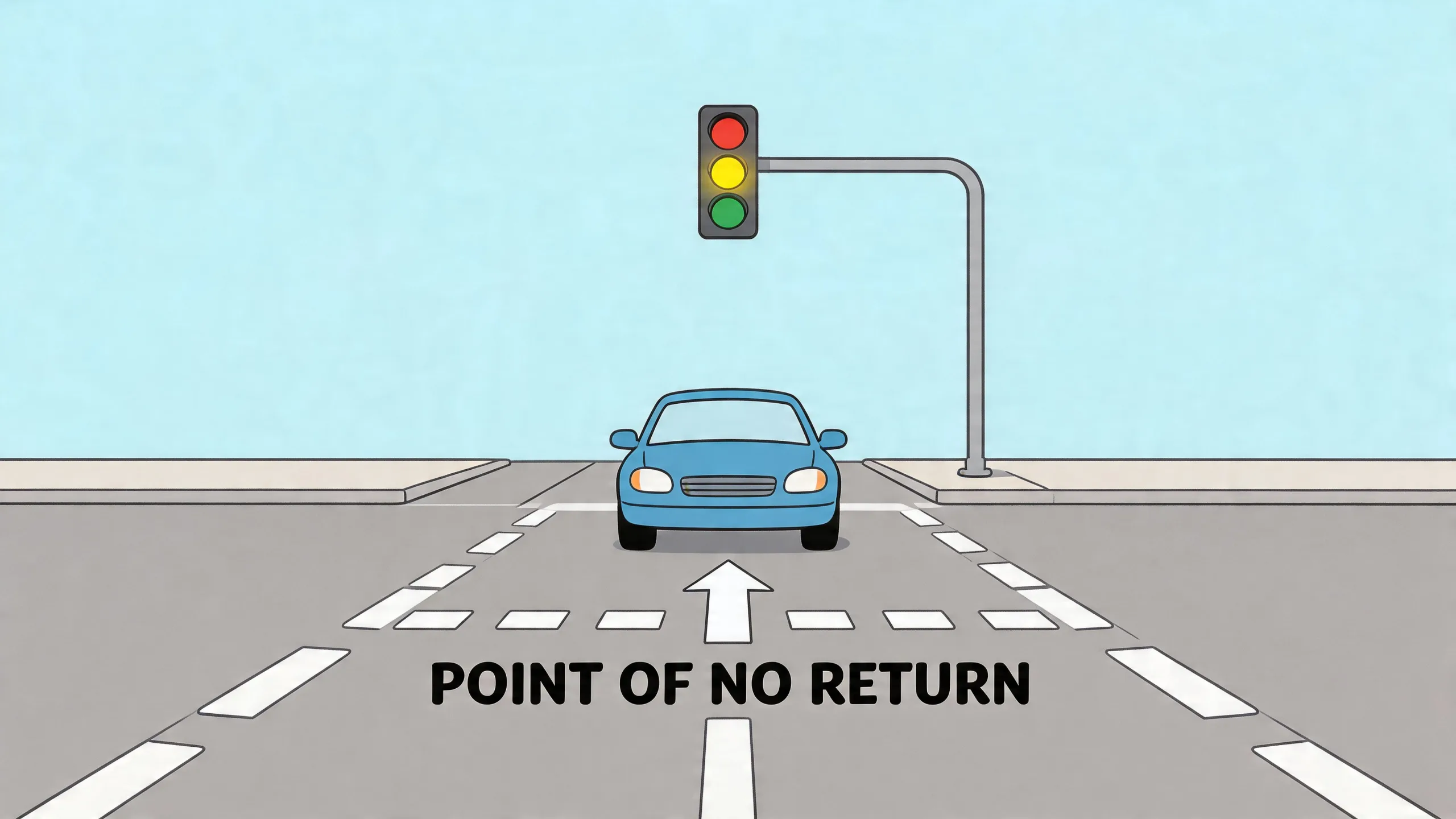 A blue car approaching an intersection with a yellow traffic light at the designated point of no return.