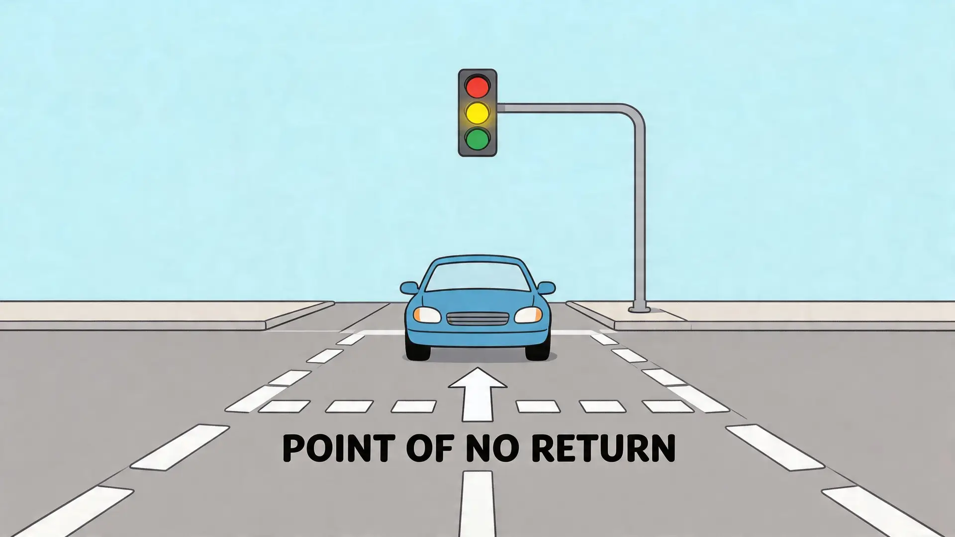 A blue car approaching an intersection with a yellow traffic light at the designated point of no return.