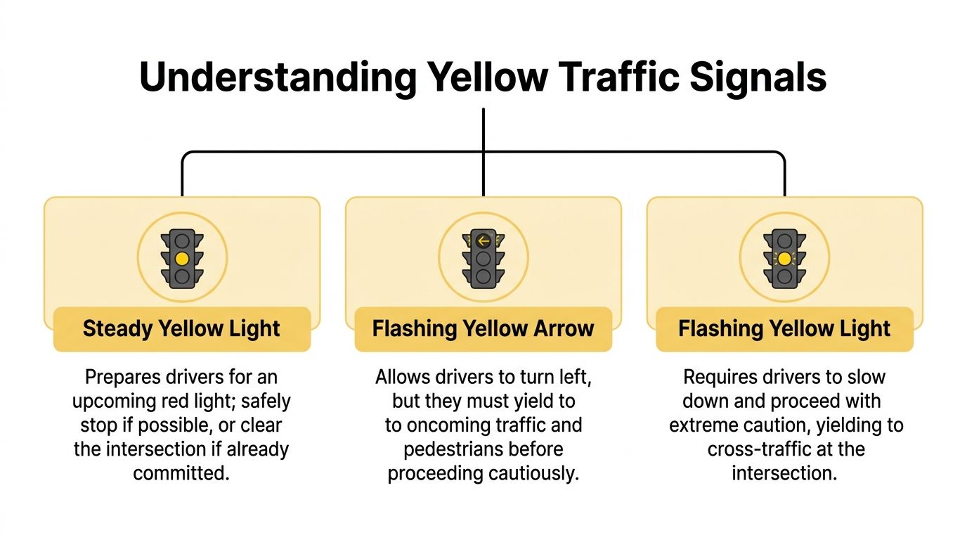A chart explaining the meanings of steady yellow lights, flashing yellow arrows, and flashing yellow lights for drivers.