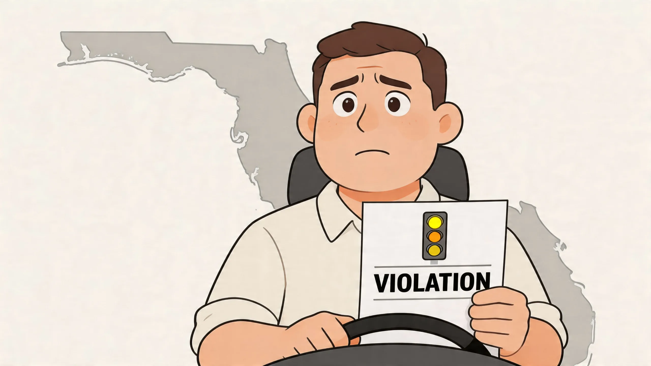 A concerned driver holding a traffic violation notice with a yellow light icon in front of Florida map.