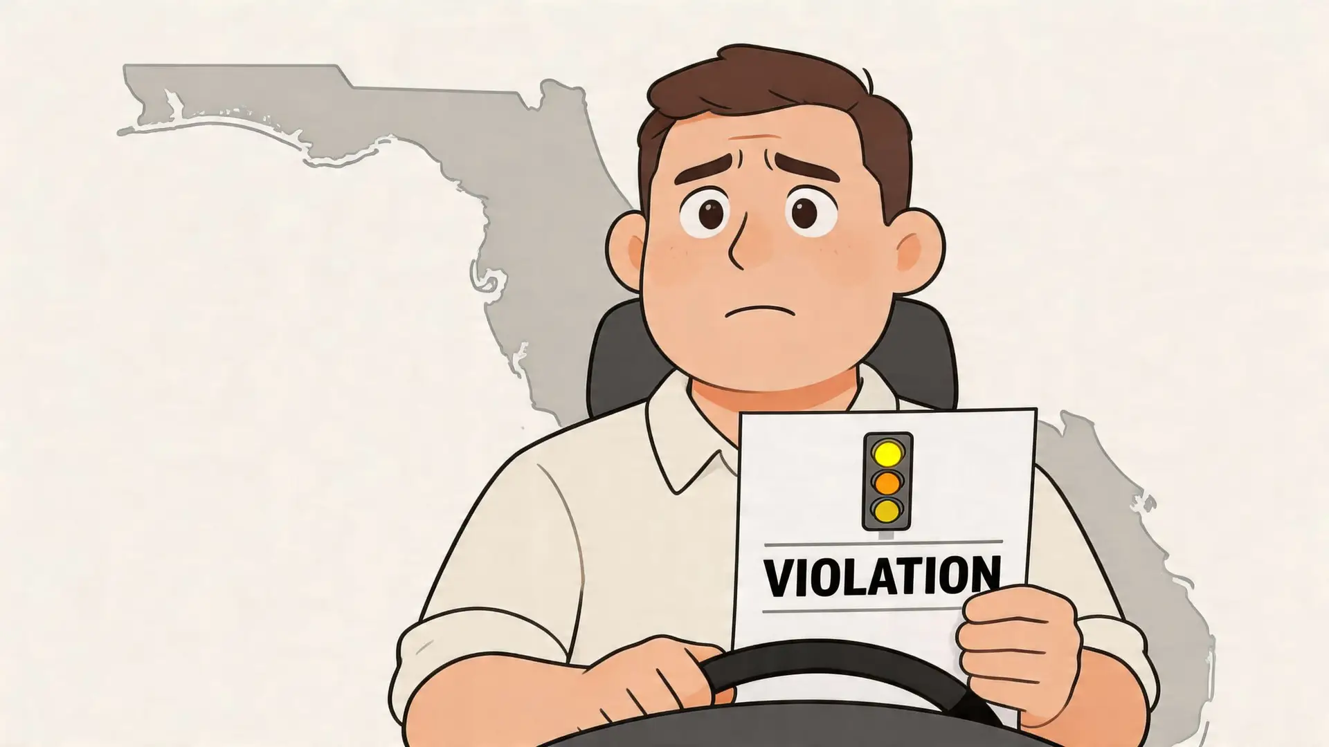 A concerned driver holding a traffic violation notice with a yellow light icon in front of Florida map.