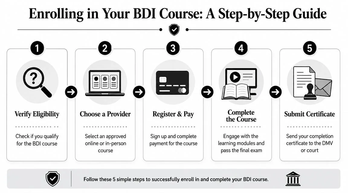 A five-step infographic showing how to enroll in and complete a basic driver improvement course.