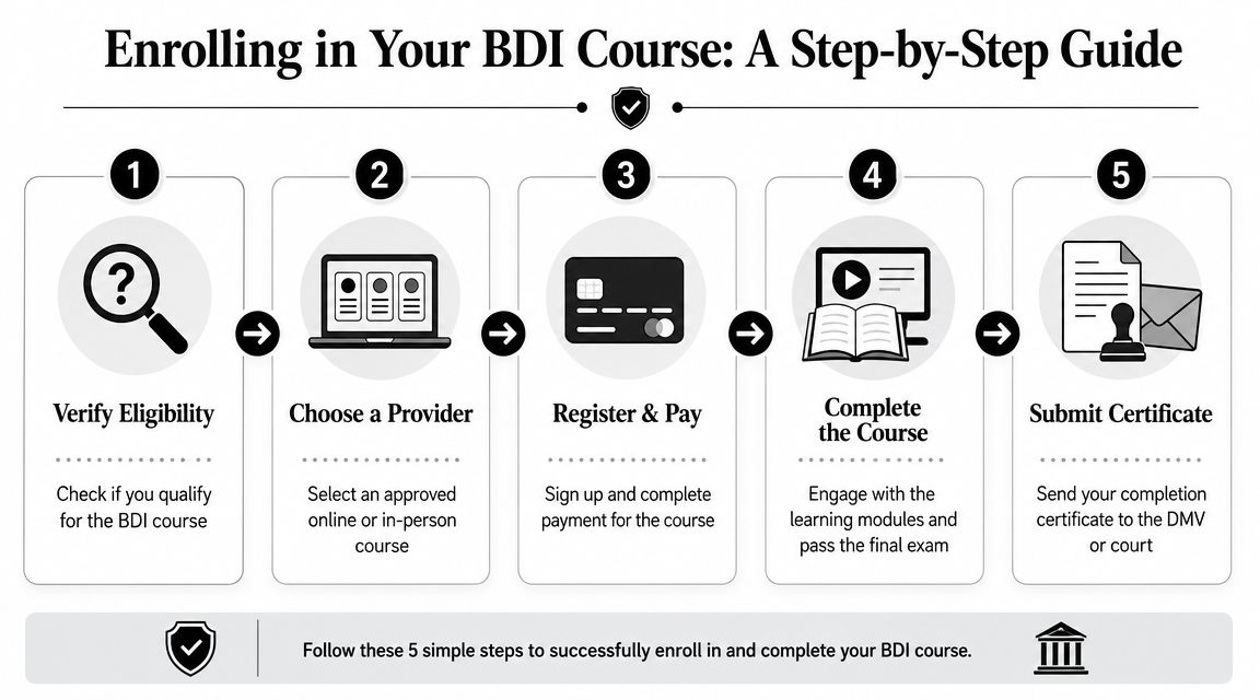A five-step infographic showing how to enroll in and complete a basic driver improvement course.