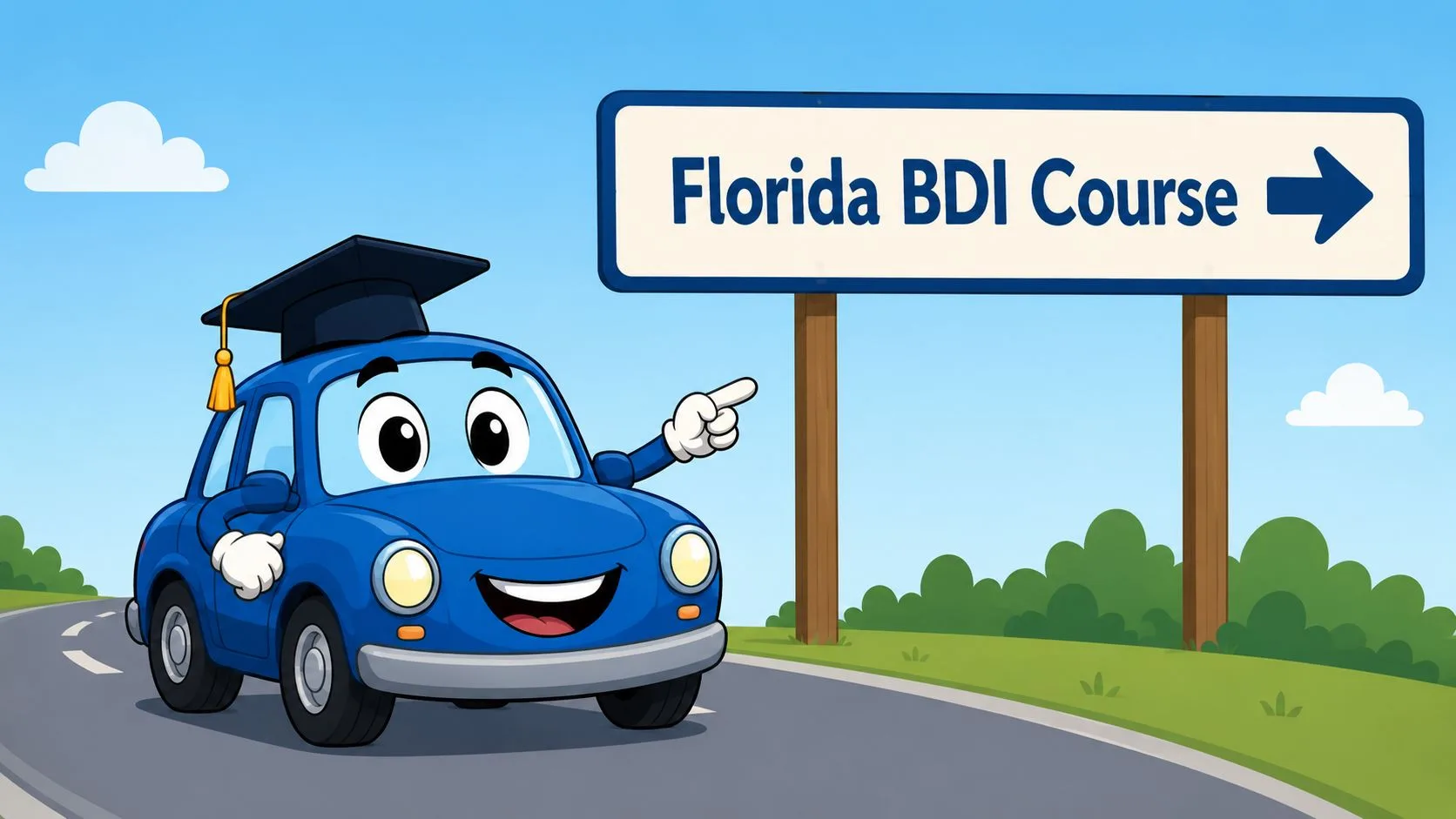 A friendly cartoon blue car wearing a graduation cap pointing toward a sign reading Florida BDI Course.