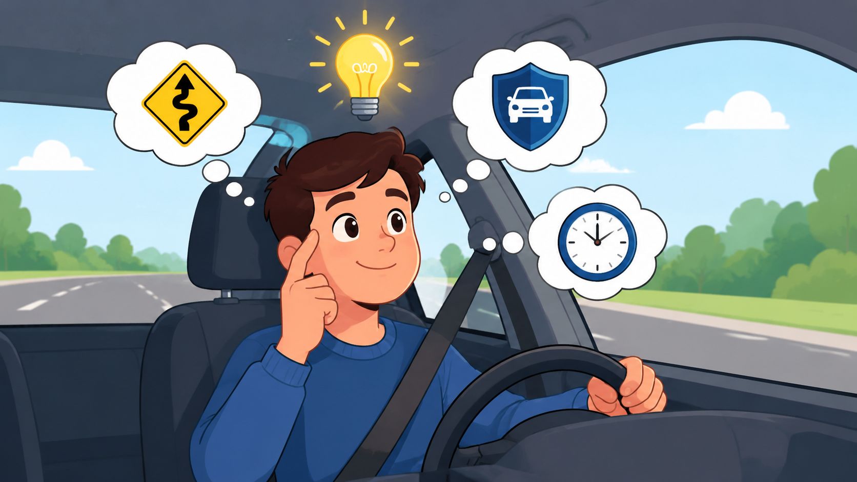 A cartoon man driving a car while thinking about safety, road signs, and time management strategies.