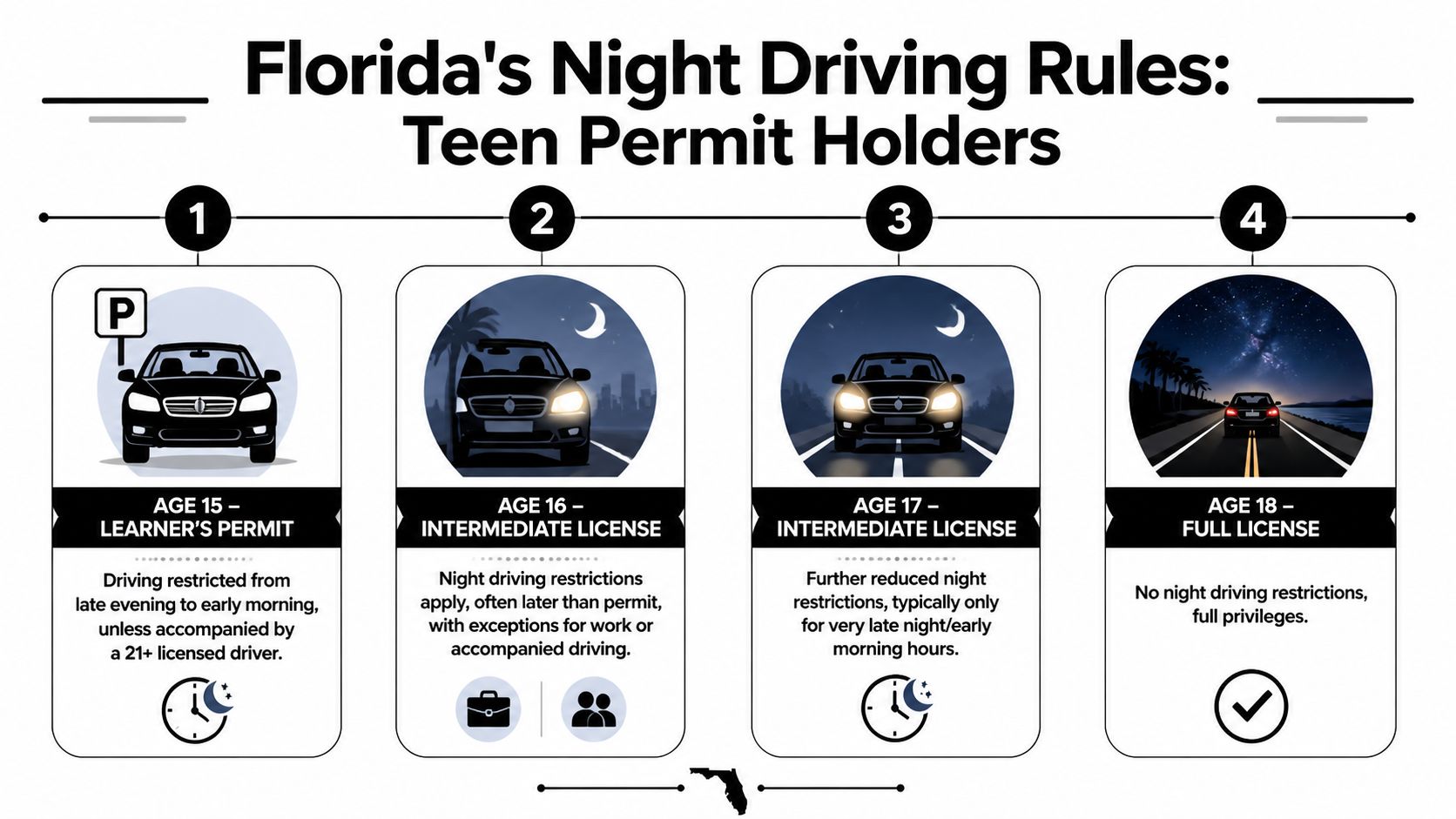 A visual guide outlining Florida night driving restrictions for teens based on different license levels and ages.