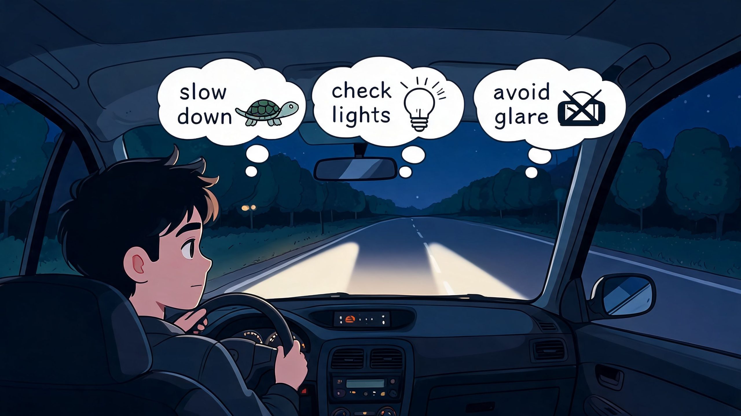 A young person driving a car at night with thought bubbles illustrating safety tips for nighttime driving.