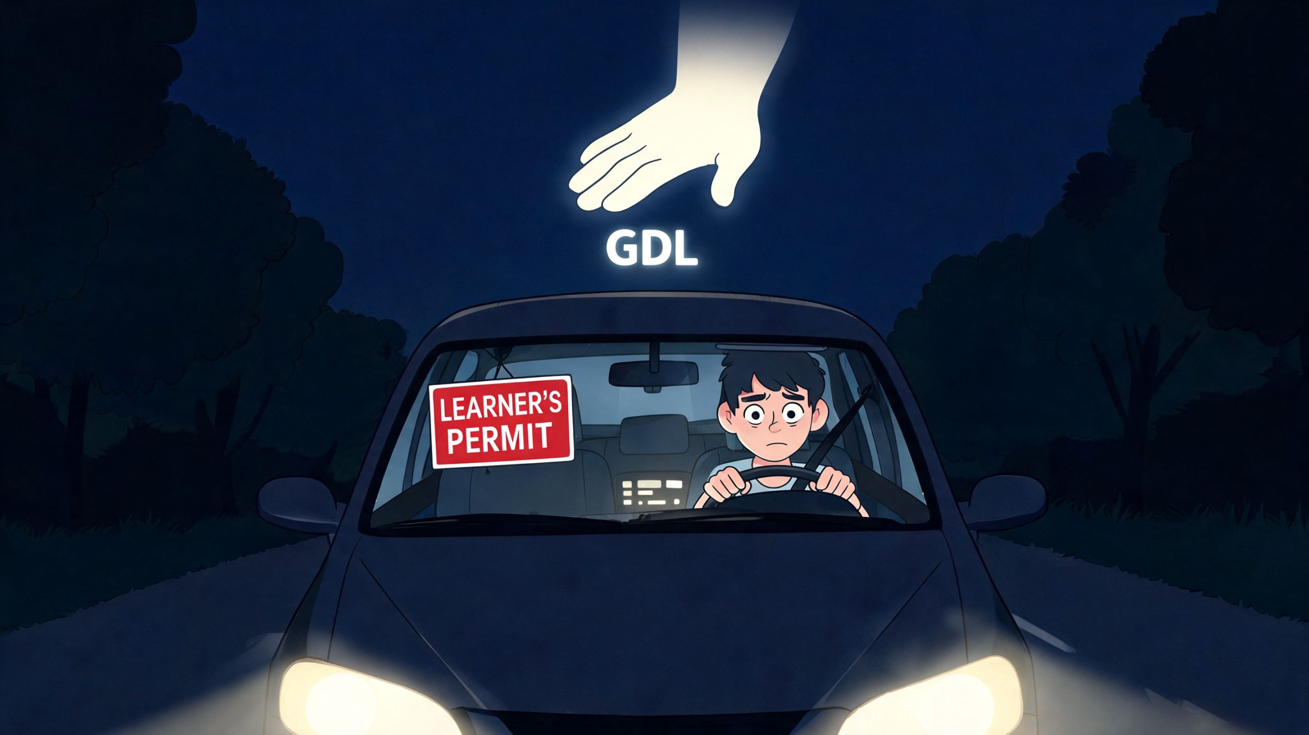 An anxious teenager driving a car at night while holding a learner's permit under a glowing hand.