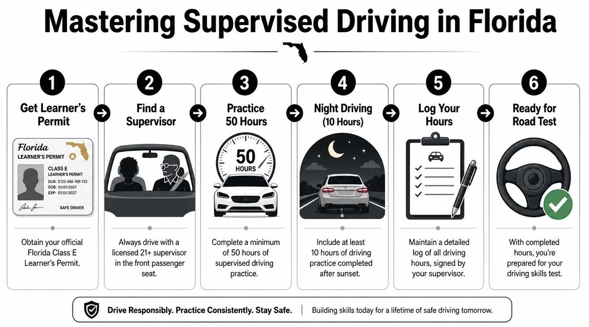 An infographic showing the six-step process for teenagers to obtain a driver's license in Florida.