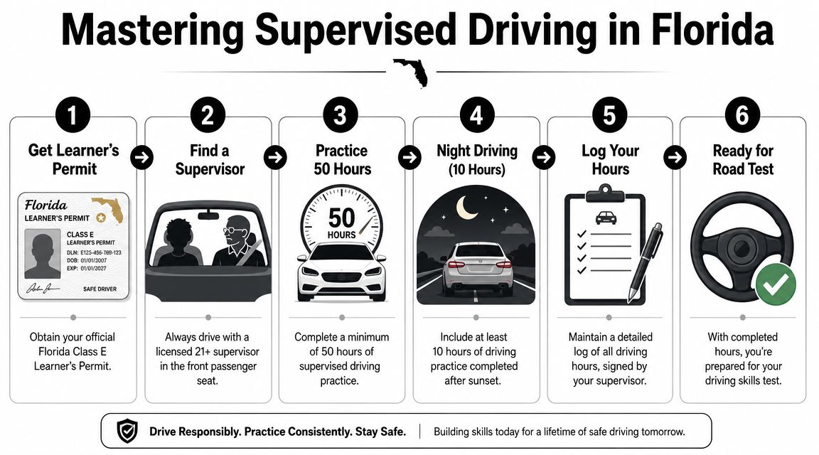 An infographic showing the six-step process for teenagers to obtain a driver's license in Florida.