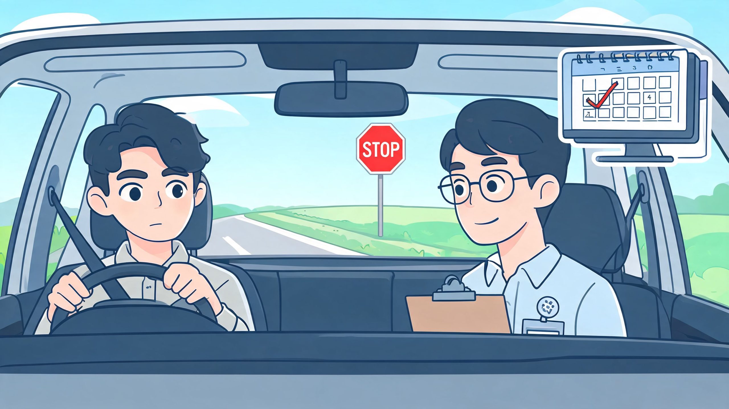 A driving instructor sitting in a car with a student during a driving license examination.