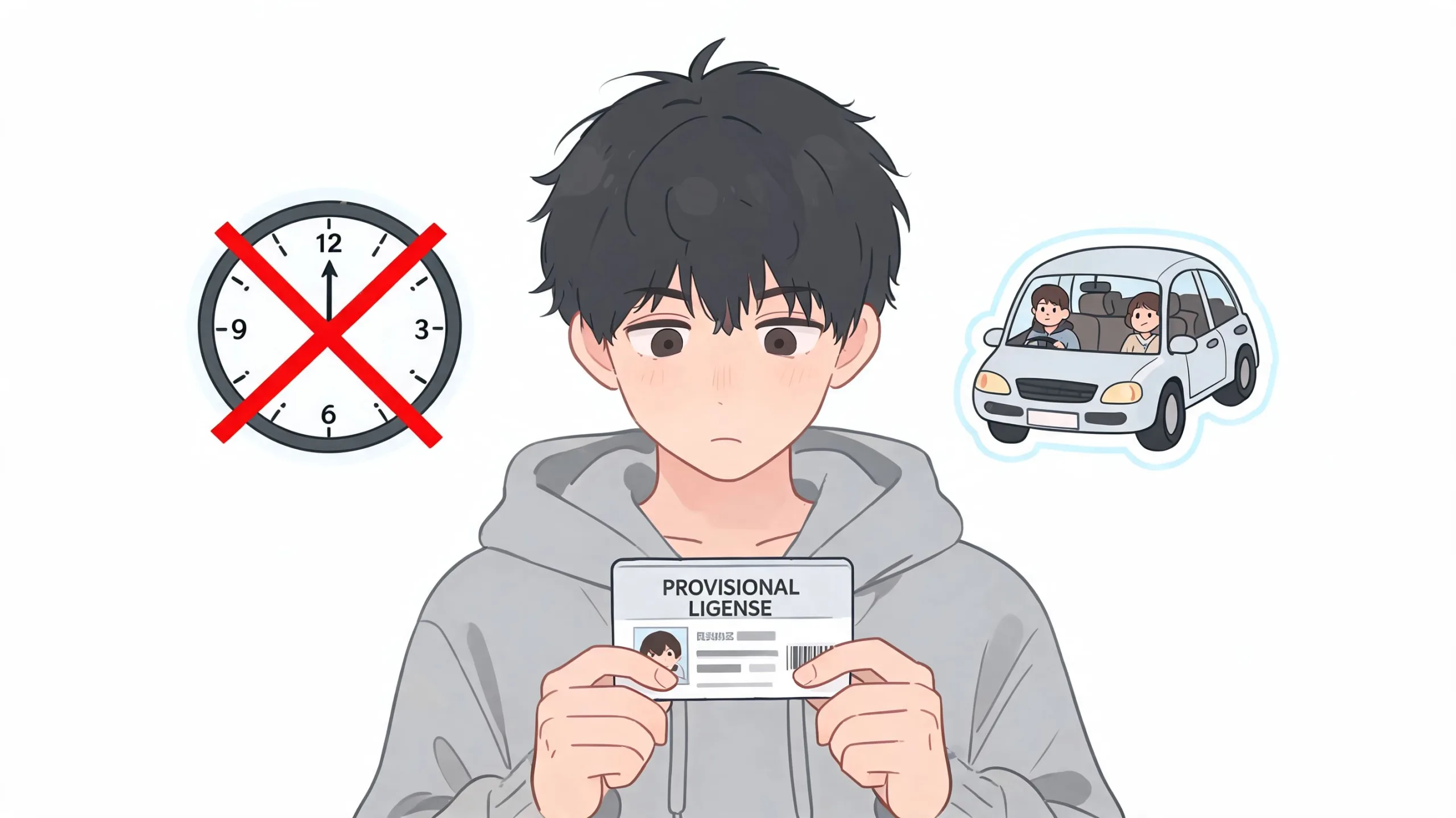 A young person looking confused while holding a provisional driver's license with car and clock imagery.