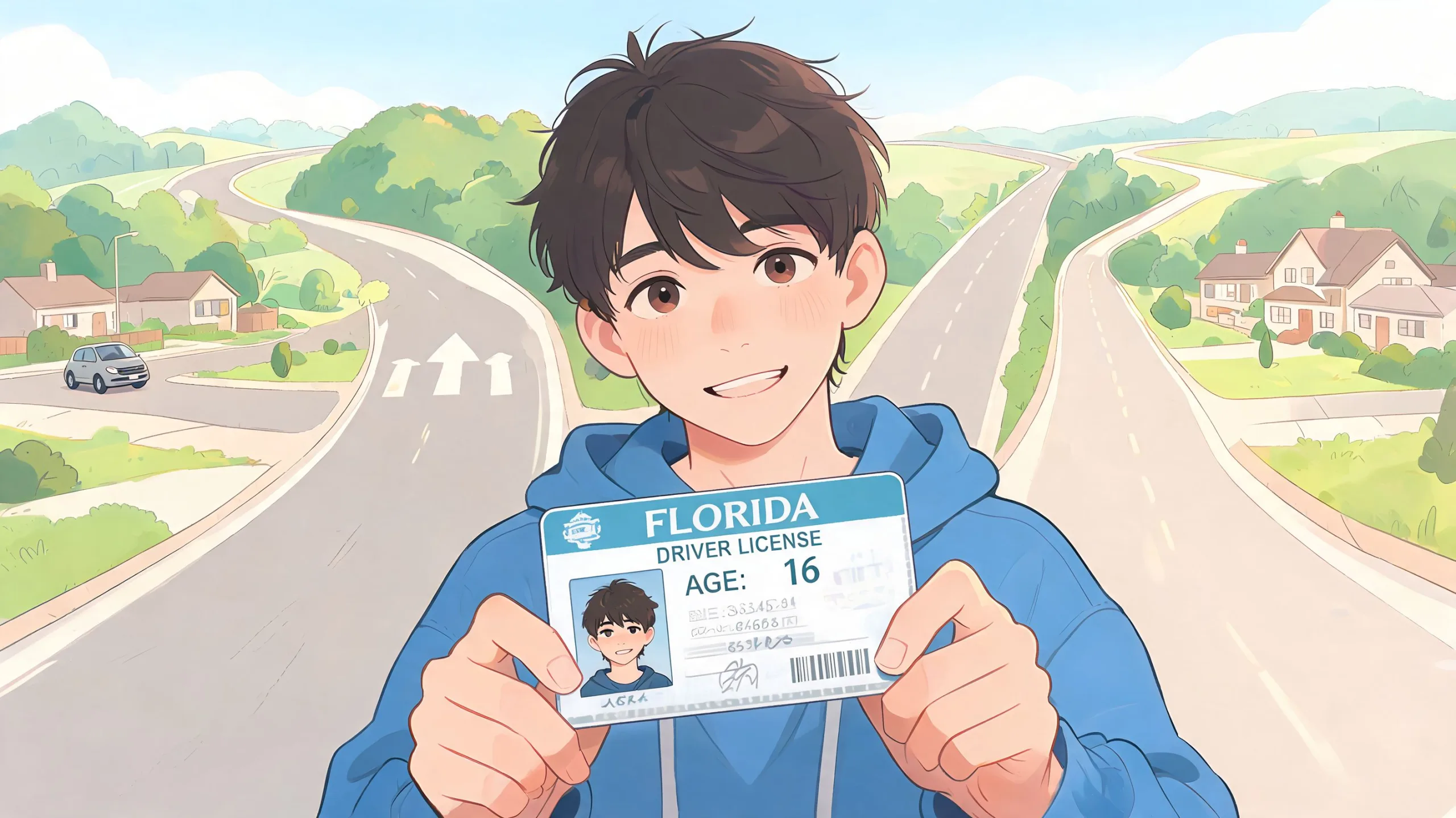 A young teenage boy smiling happily while holding up his new Florida driver license in front of a road.