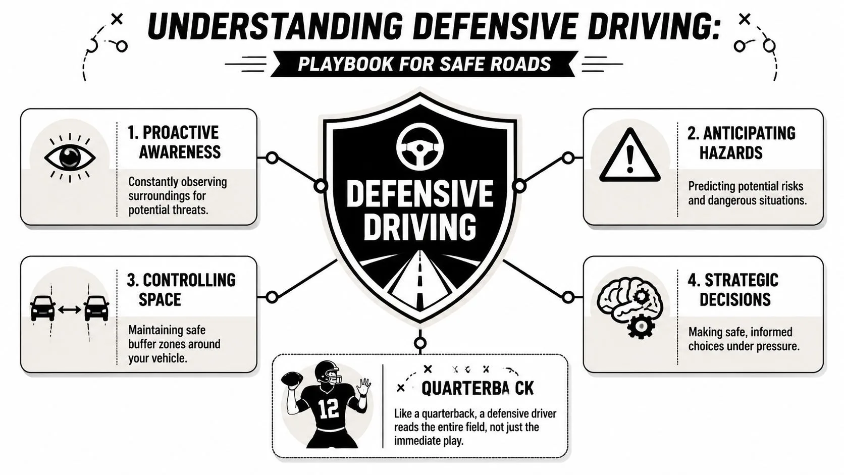 A diagram illustrating the four key principles of defensive driving: awareness, hazard anticipation, space management, and decision-making.