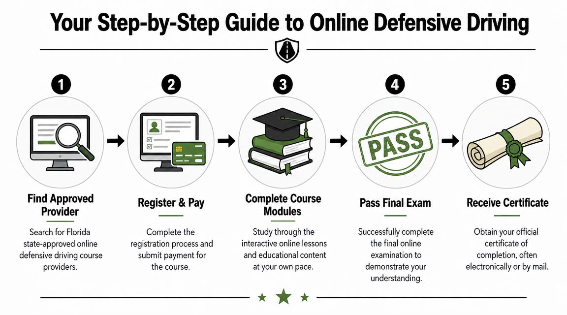 A five-step infographic showing the process for completing an online Florida state-approved defensive driving course.