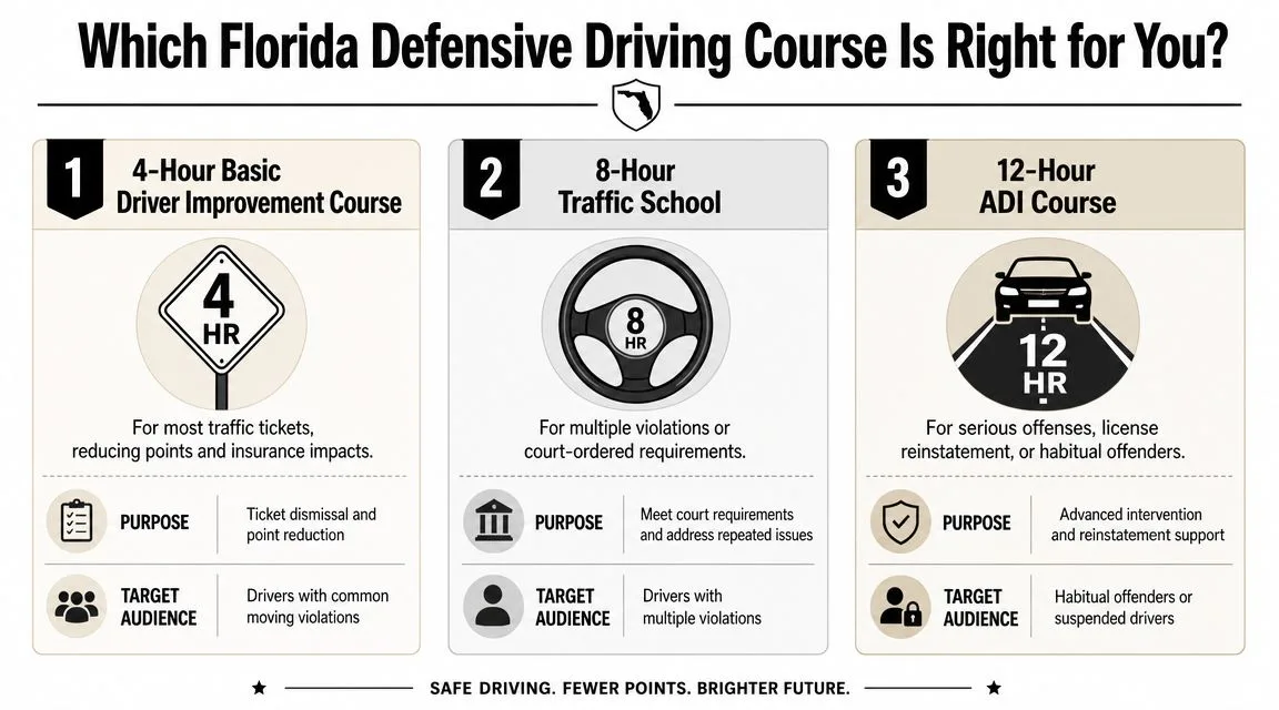 A comparison chart of Florida defensive driving courses showing 4-hour, 8-hour, and 12-hour training options.