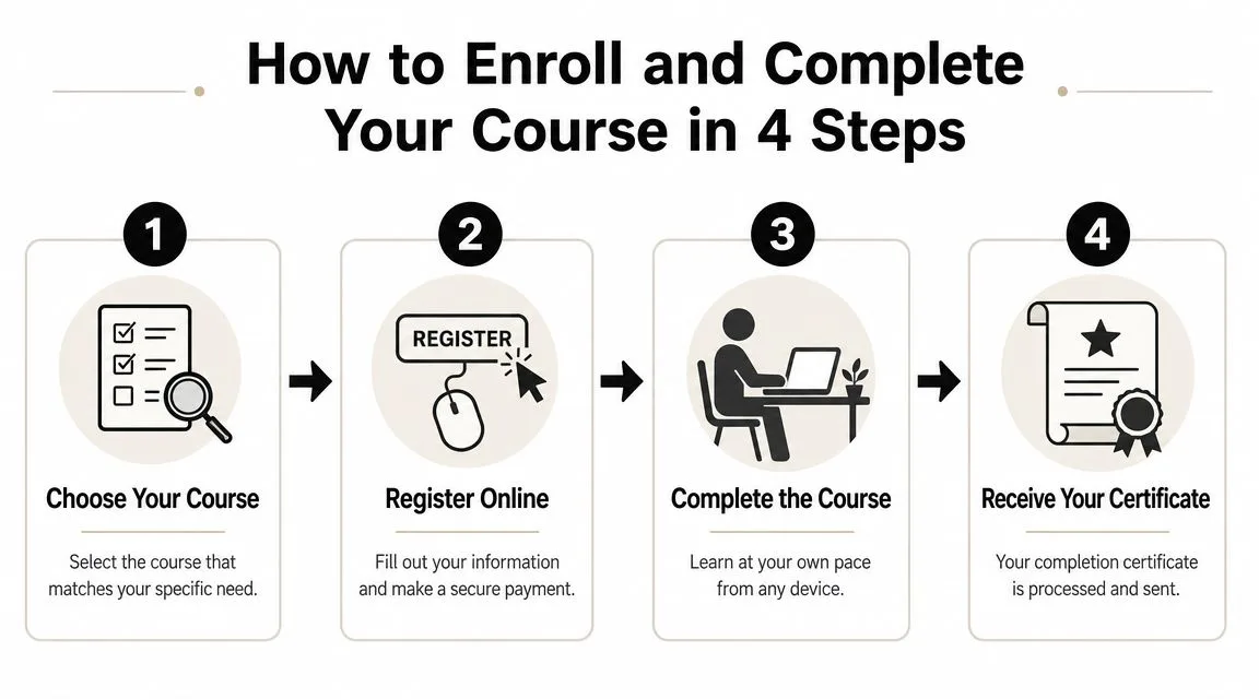A four-step infographic illustrating the online process for enrolling in and completing an educational course.