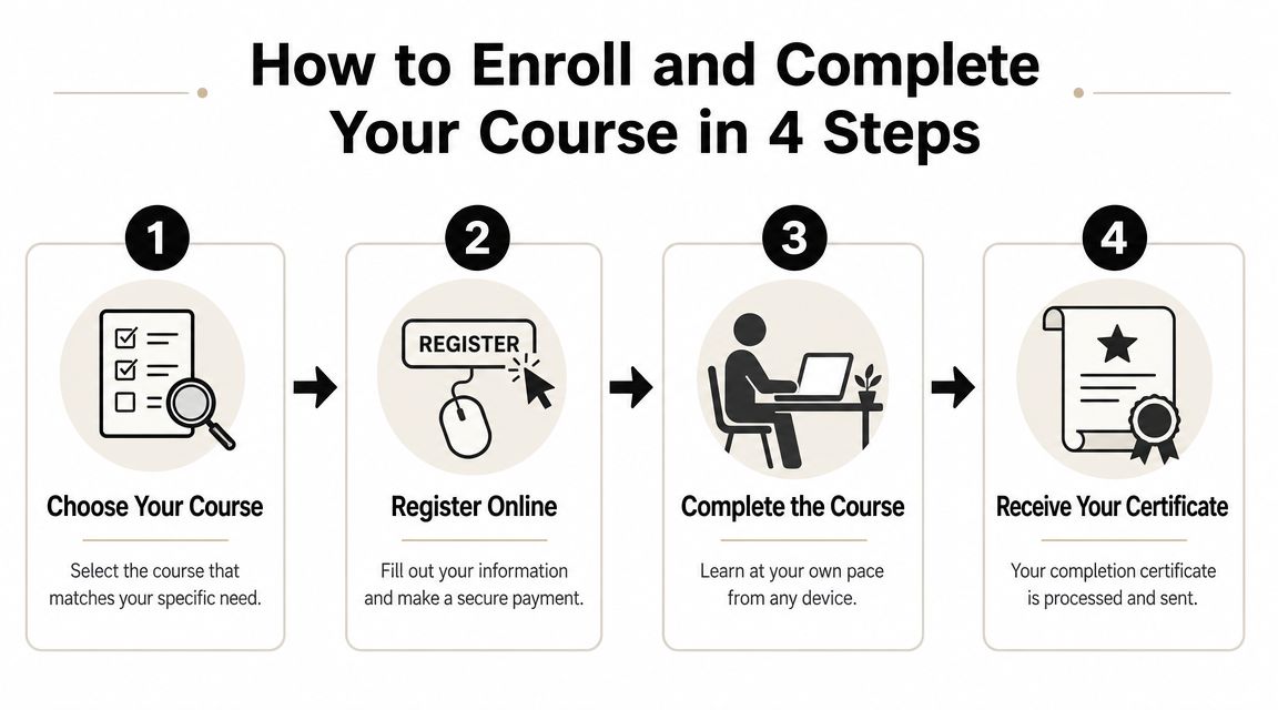 A four-step infographic illustrating the online process for enrolling in and completing an educational course.