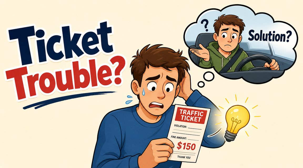 A concerned young man holding a traffic ticket with a lightbulb idea appearing next to him.