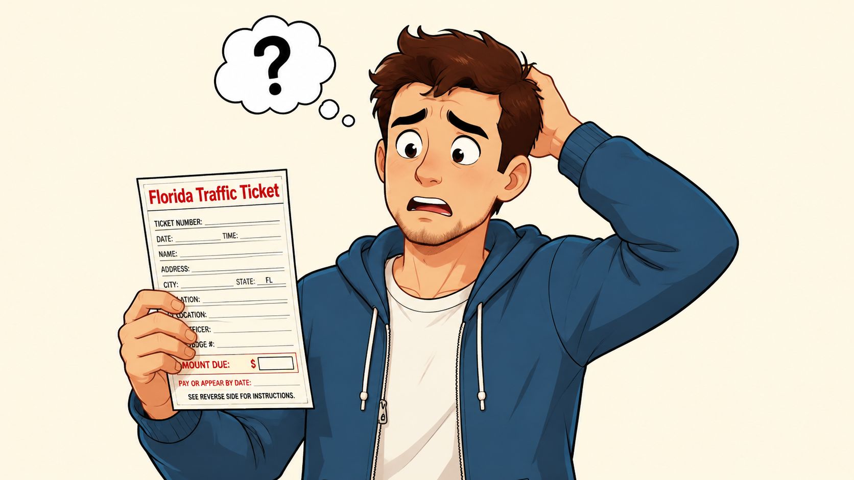 A confused young man holding a blank Florida traffic ticket with a question mark thought bubble.