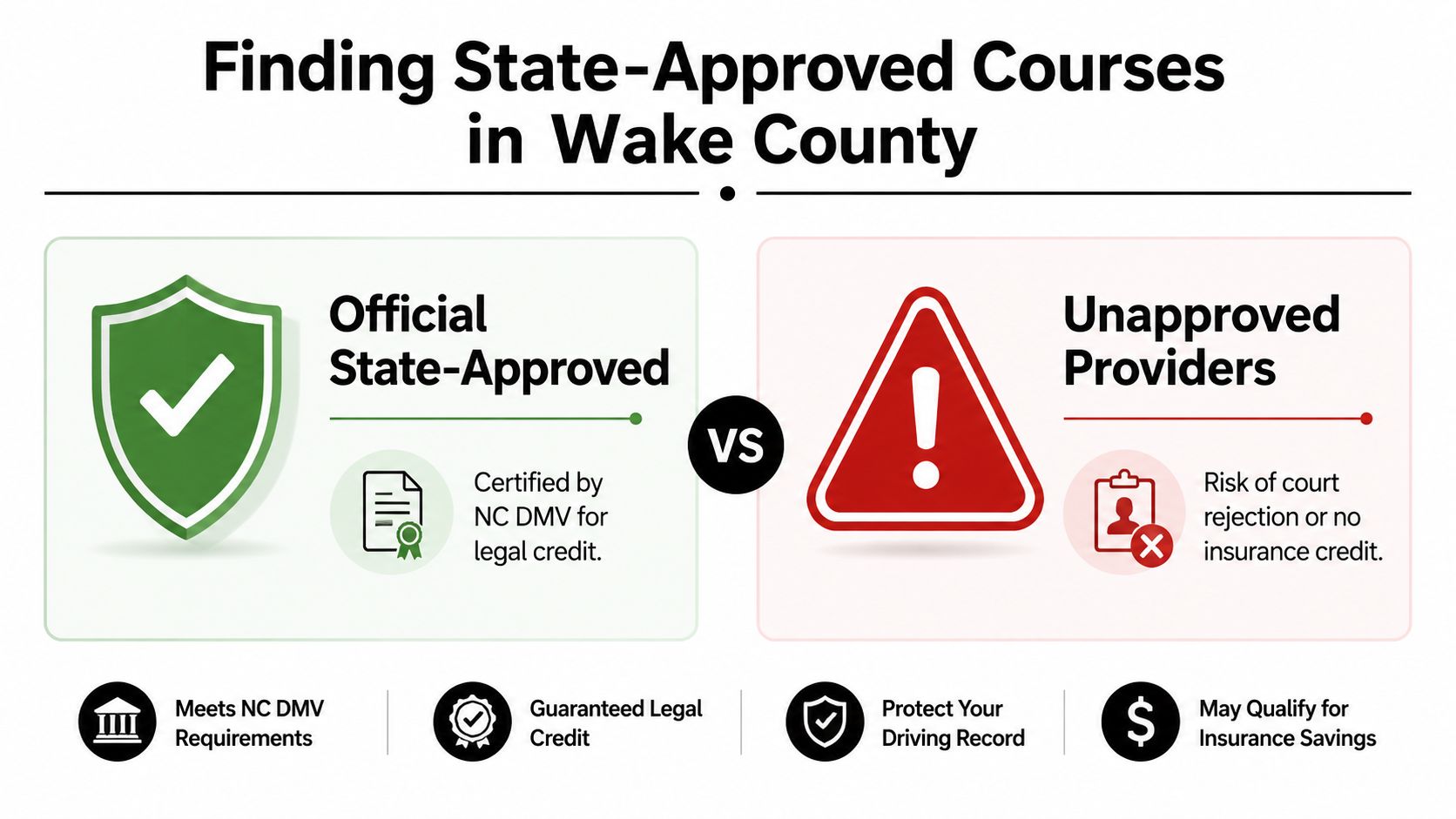 A comparison infographic between official state-approved and unapproved defensive driving courses in Wake County, North Carolina.