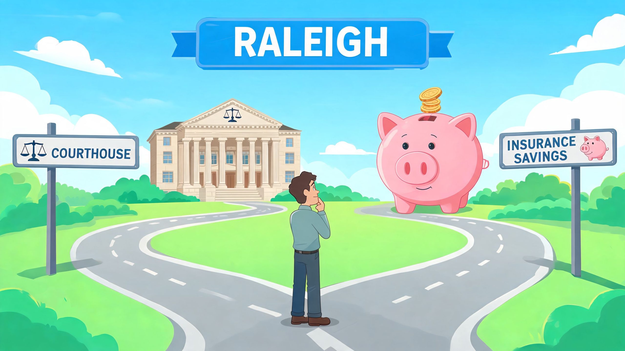 A man standing at a fork in the road choosing between a courthouse and insurance savings.