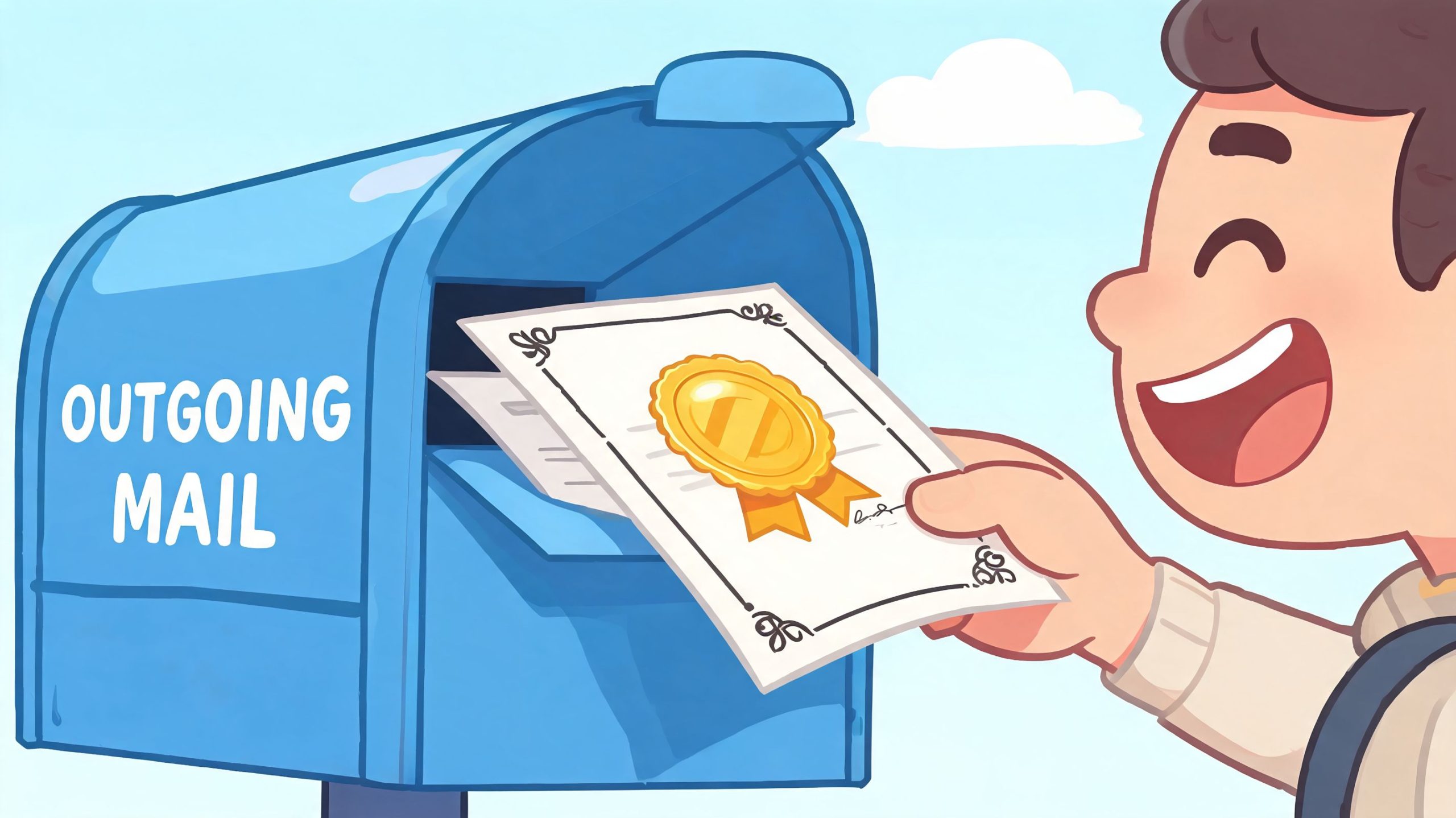 A smiling person happily putting a certificate with a gold seal into a blue outgoing mailbox.