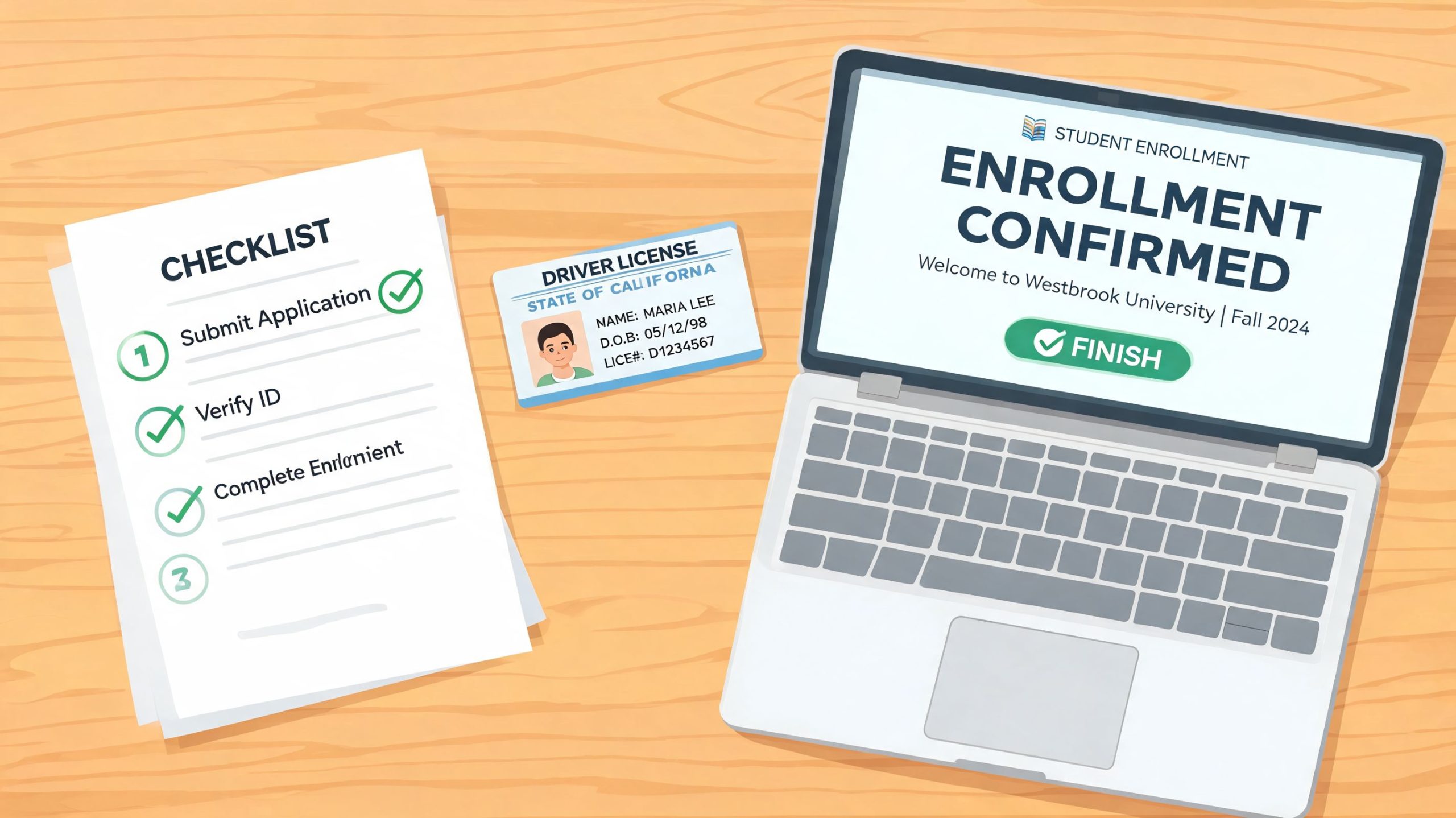 A checklist, a driver license, and a laptop screen displaying student enrollment confirmation on a wooden desk.