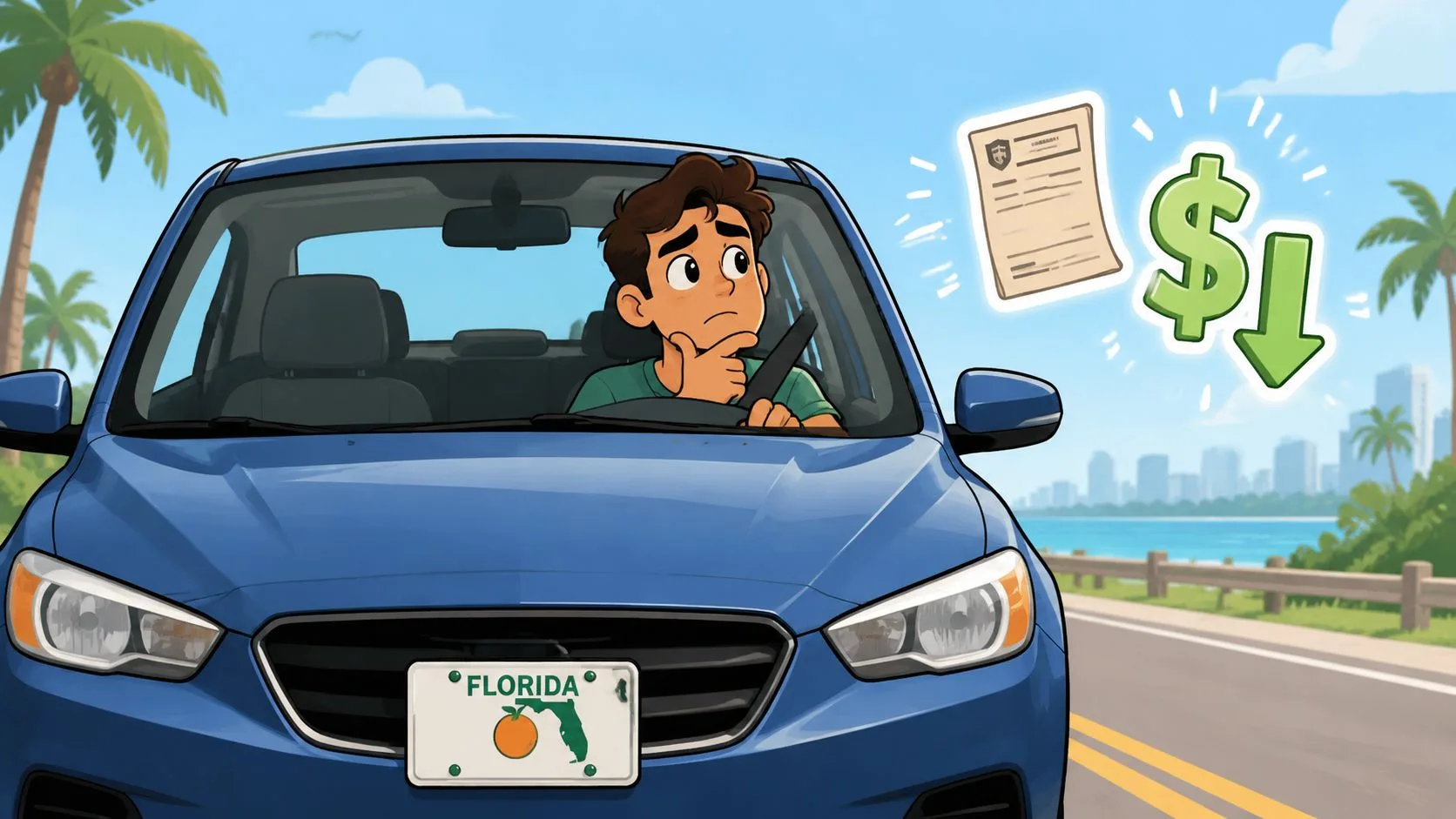 A young man sits in his blue car, contemplating a document and reduced insurance costs.