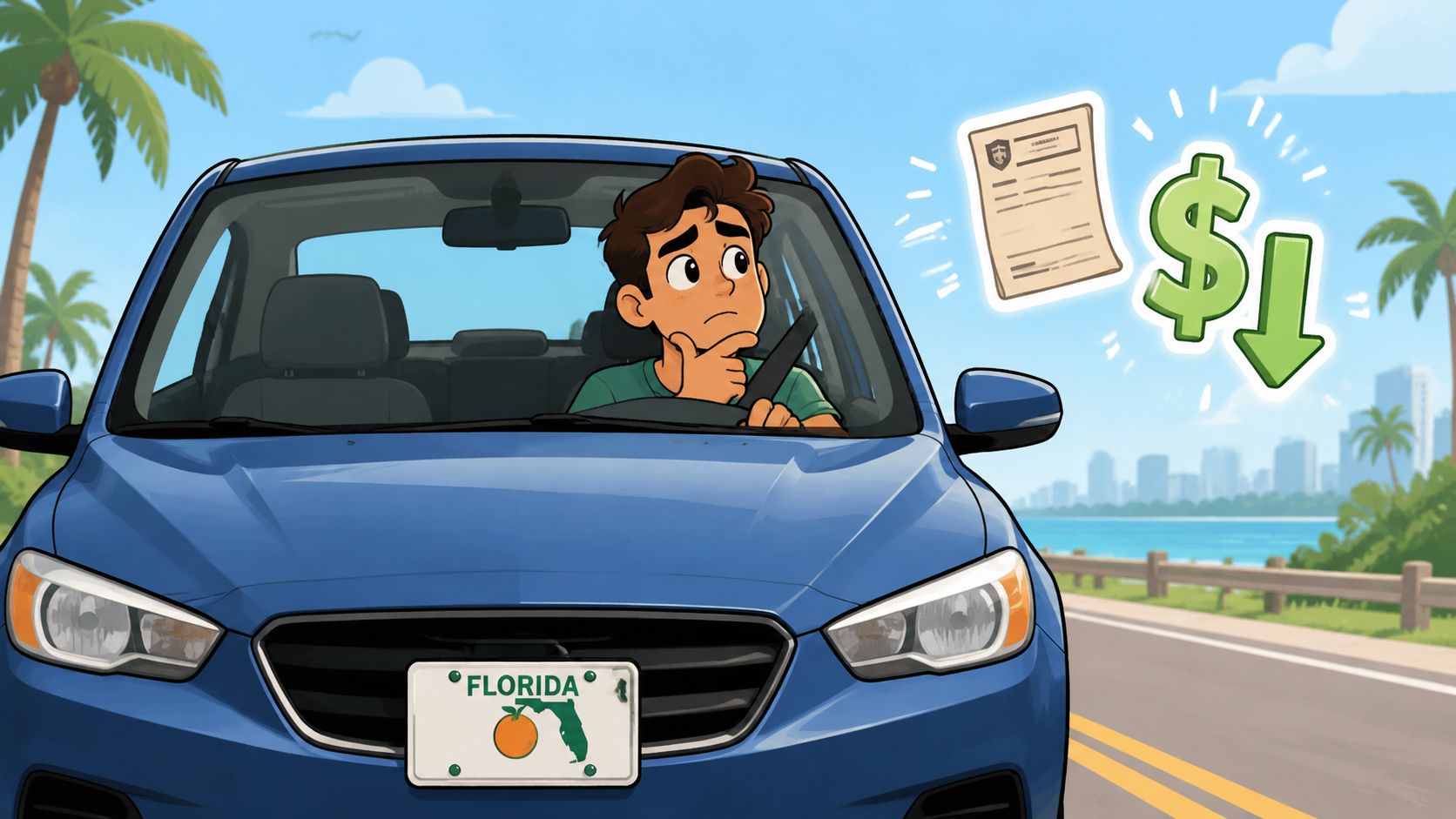A young man sits in his blue car, contemplating a document and reduced insurance costs.