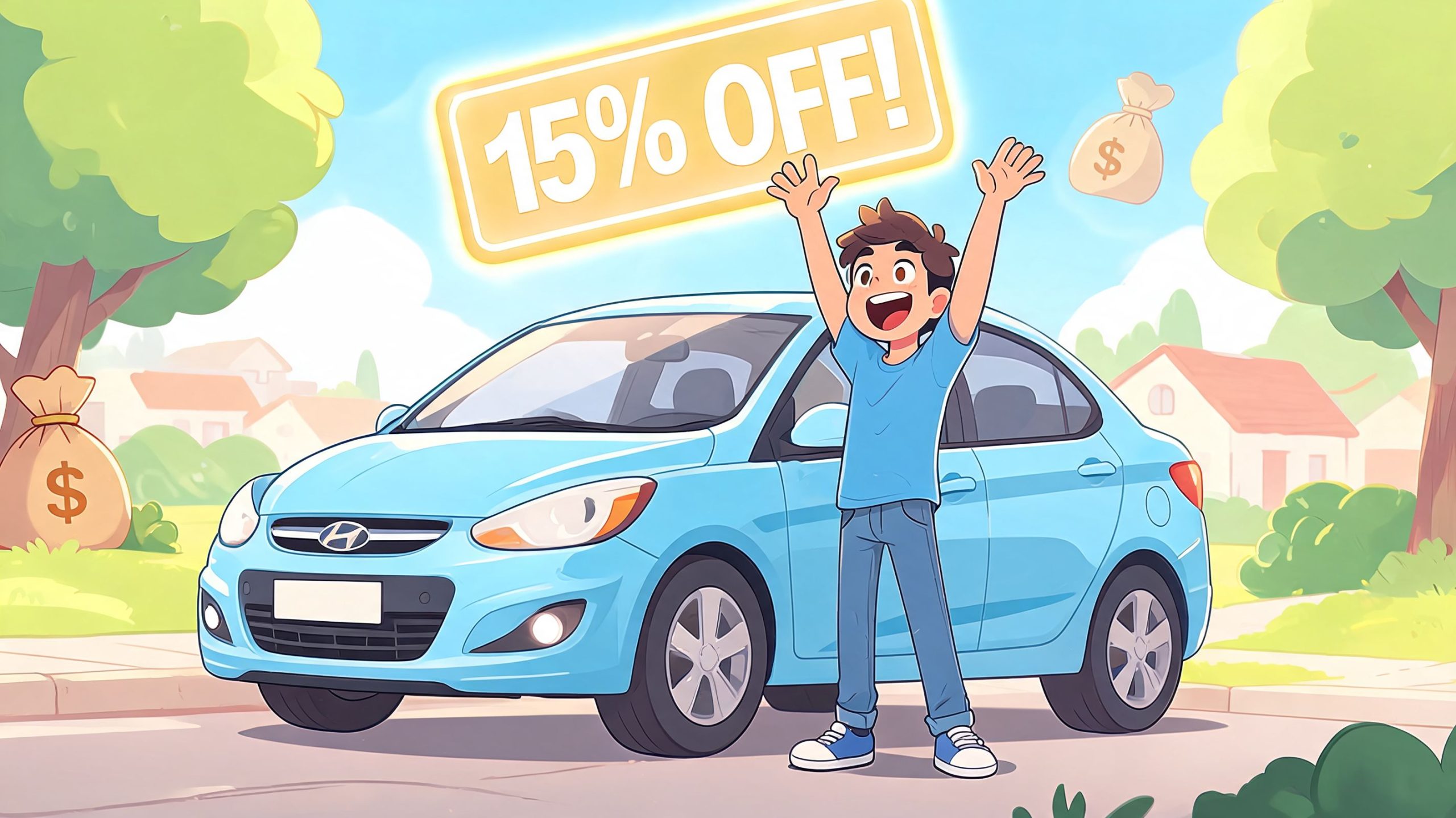 A joyful young man standing next to a light blue car celebrating a fifteen percent discount offer.
