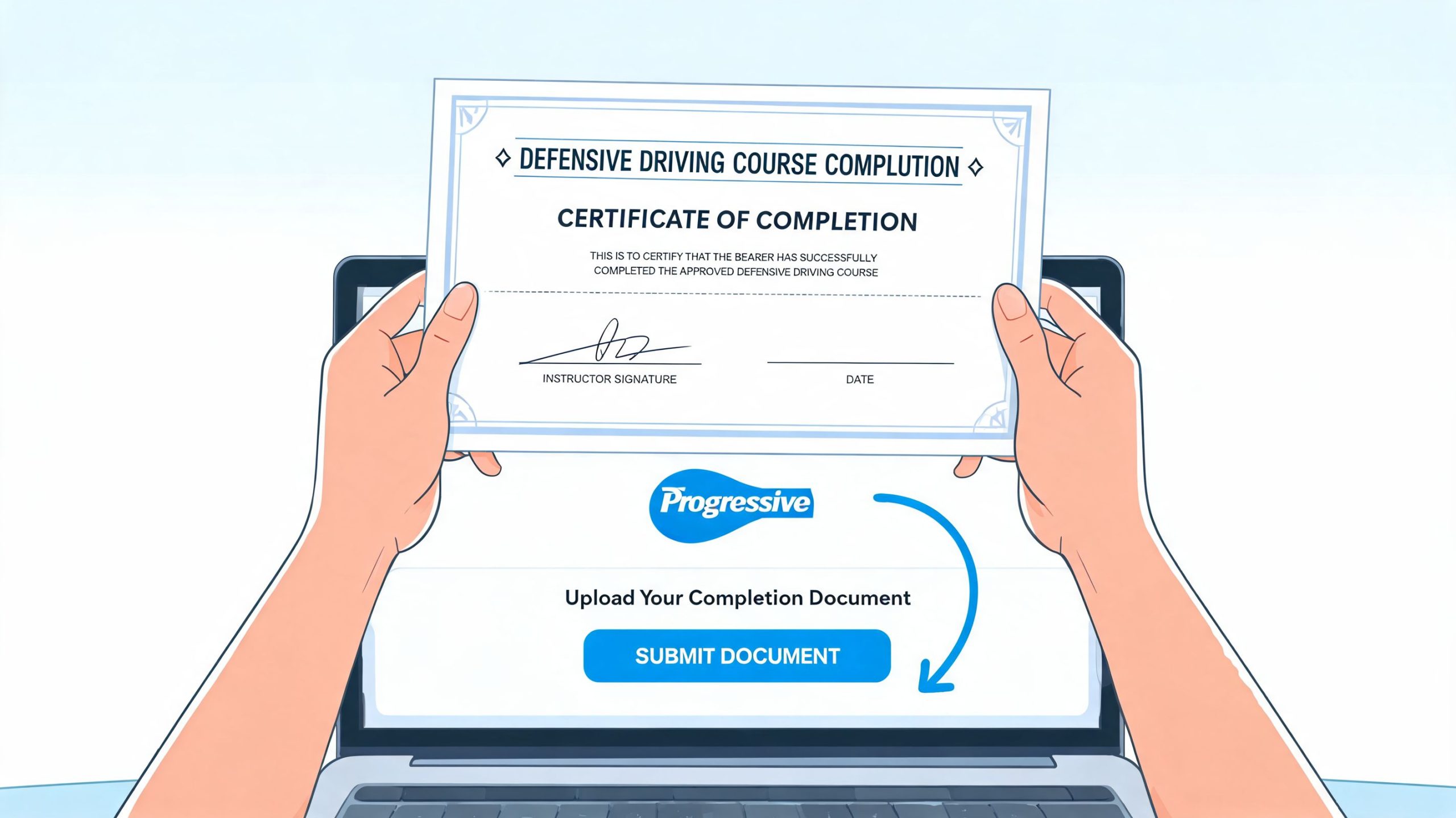 A person holds a defensive driving certificate in front of a laptop for Progressive document submission.