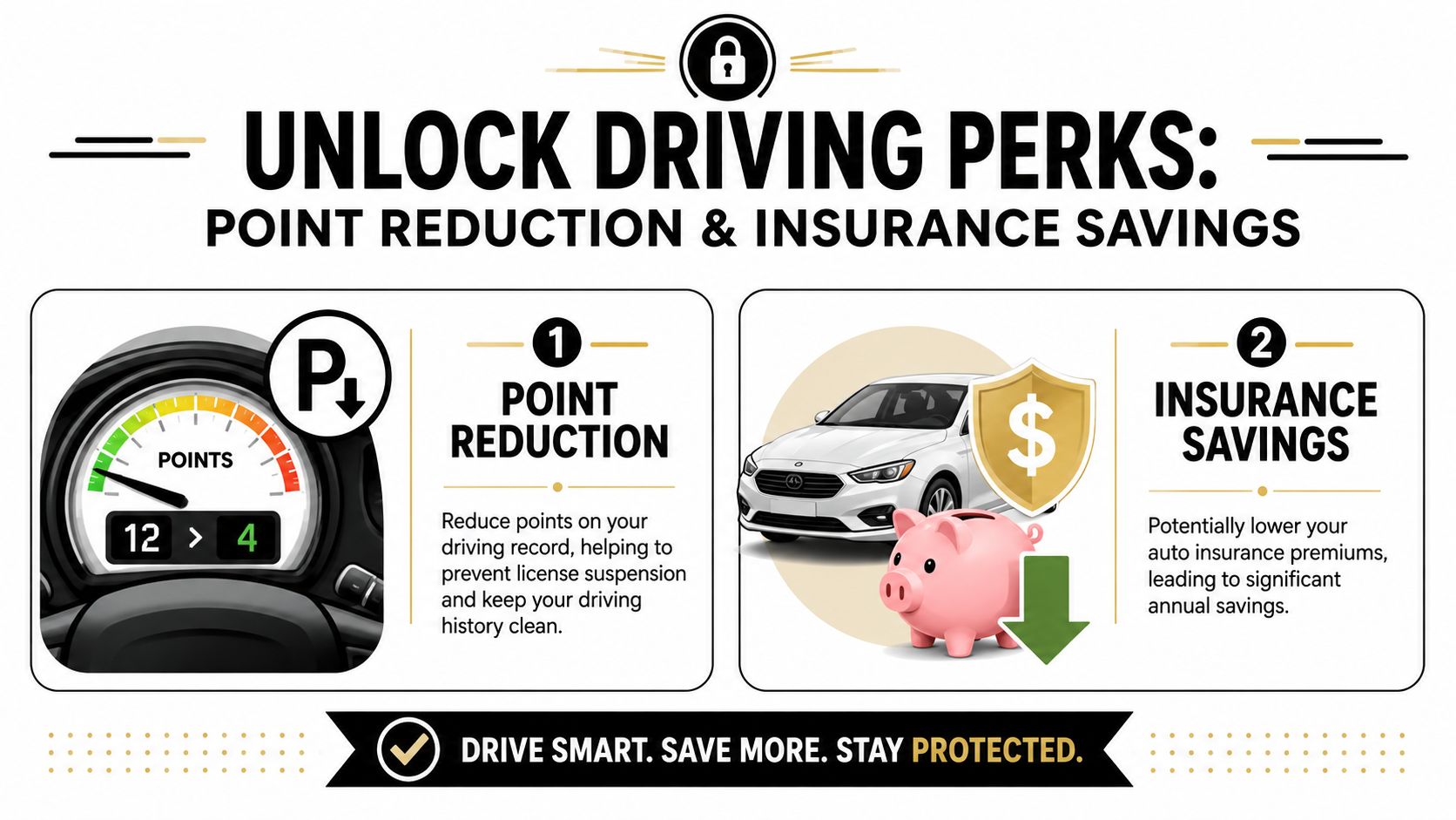 An infographic illustrating benefits of defensive driving including point reduction and potential auto insurance premium savings.