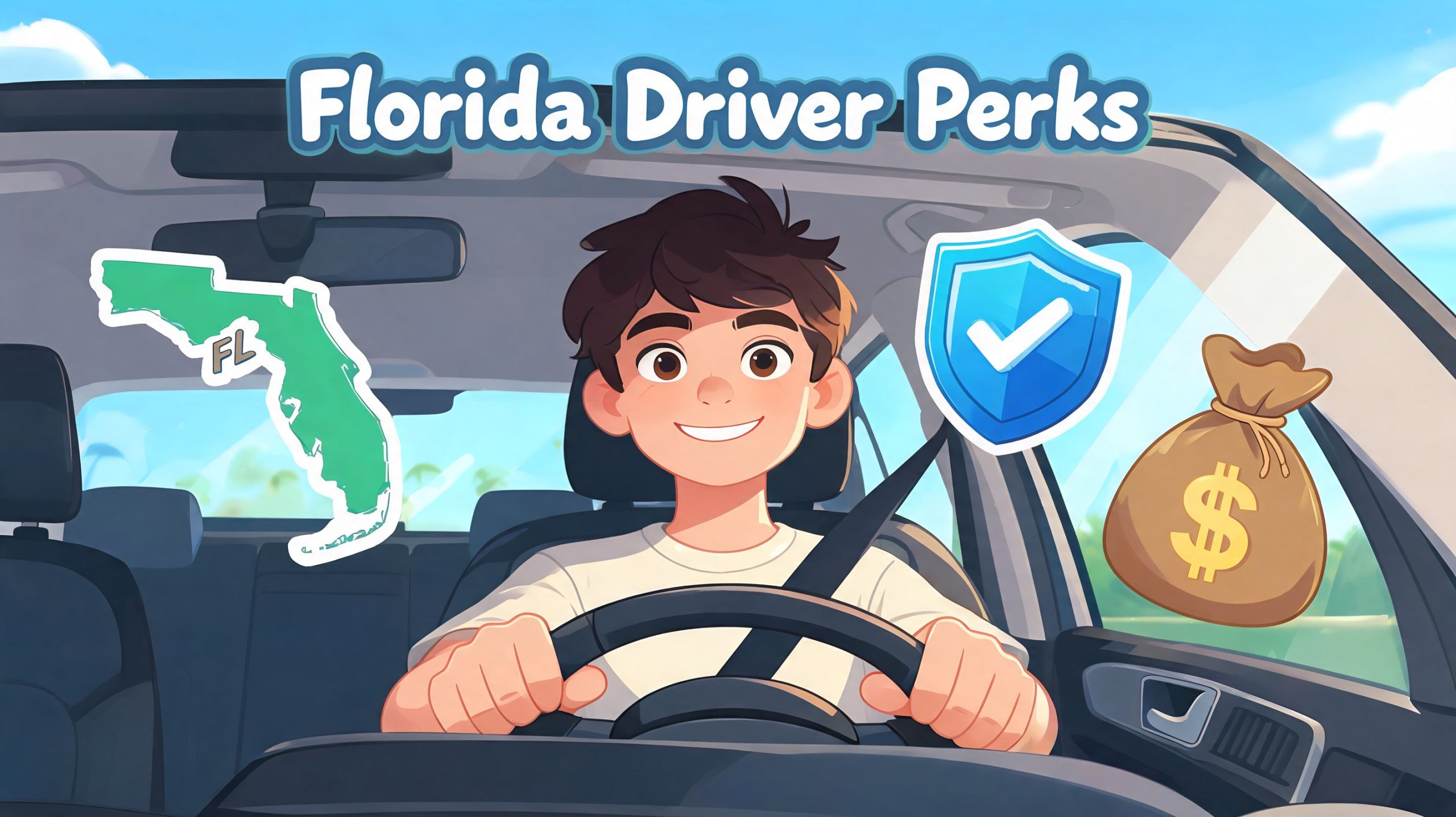 A cartoon illustration of a young teen driver in a car with Florida and savings icons.