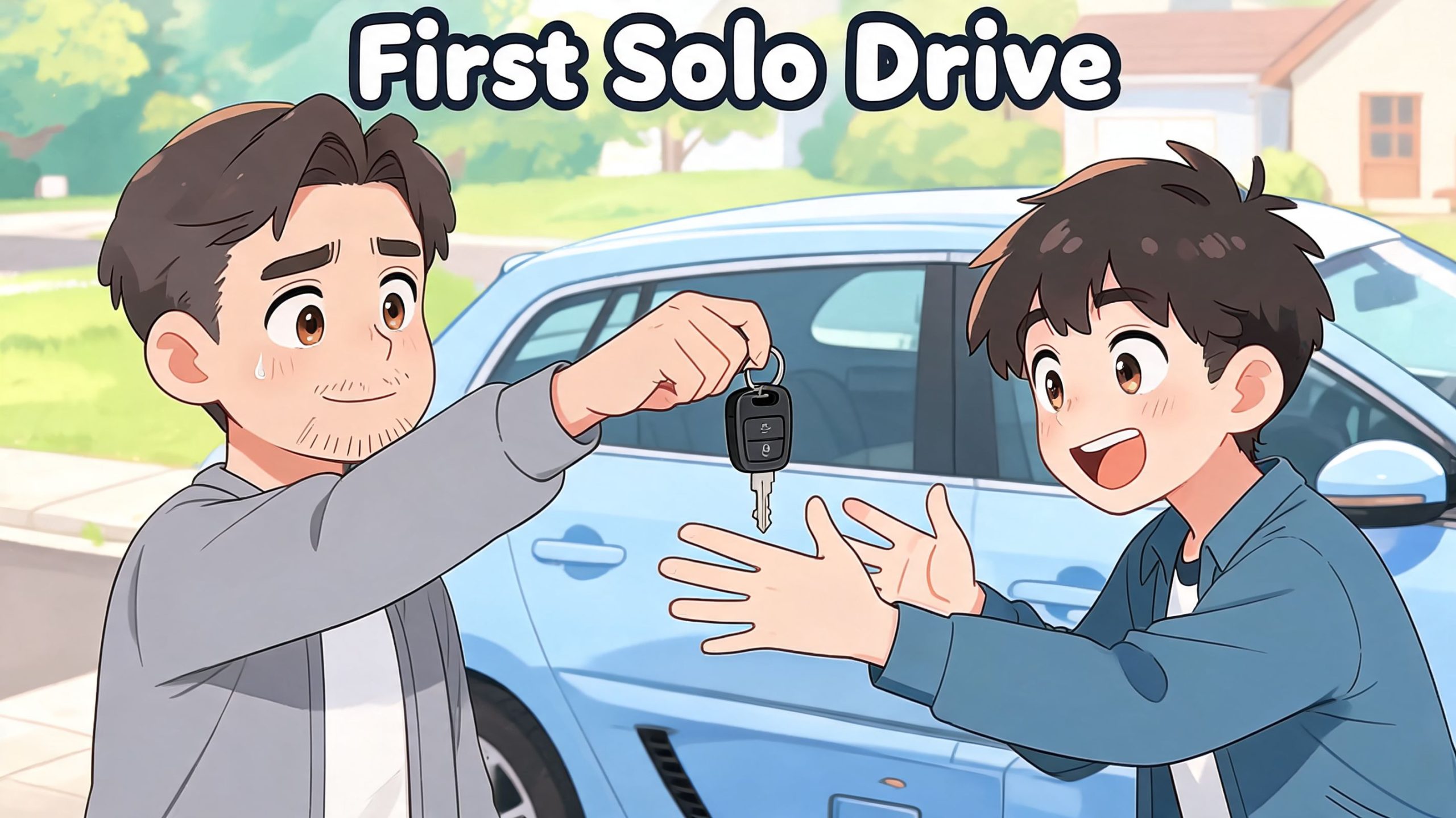 A father handing car keys to his son for his first solo drive in a blue car.