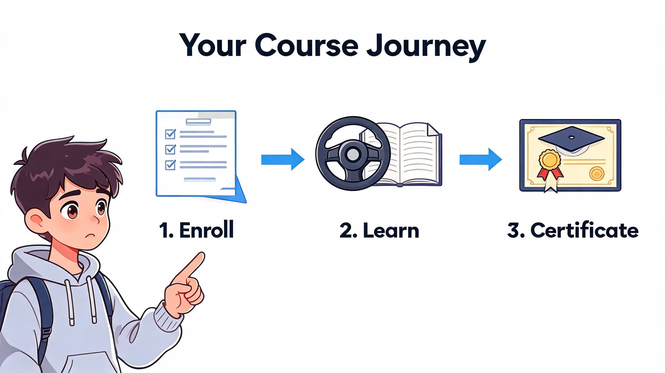 An illustrated guide showing a teenager student the three steps to complete a defensive driving course.