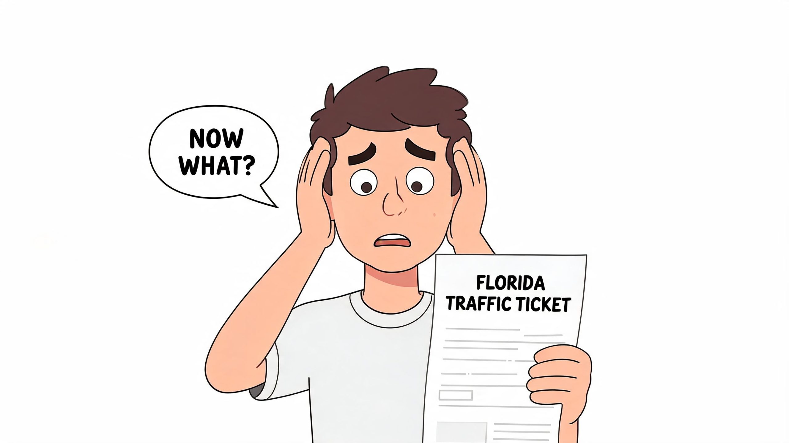 A worried young man holding a Florida traffic ticket looking stressed and asking now what.