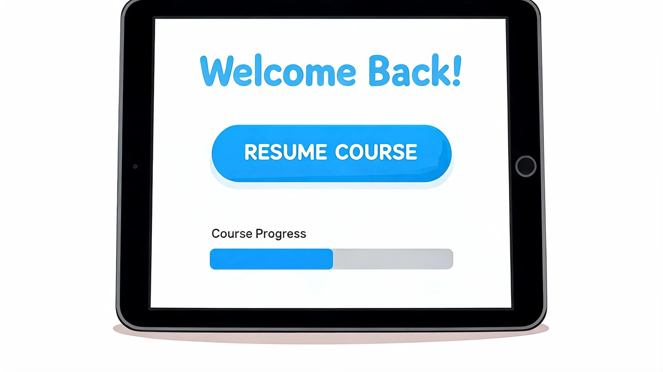 An illustration of a tablet displaying a Welcome Back screen with a resume course button and progress bar.