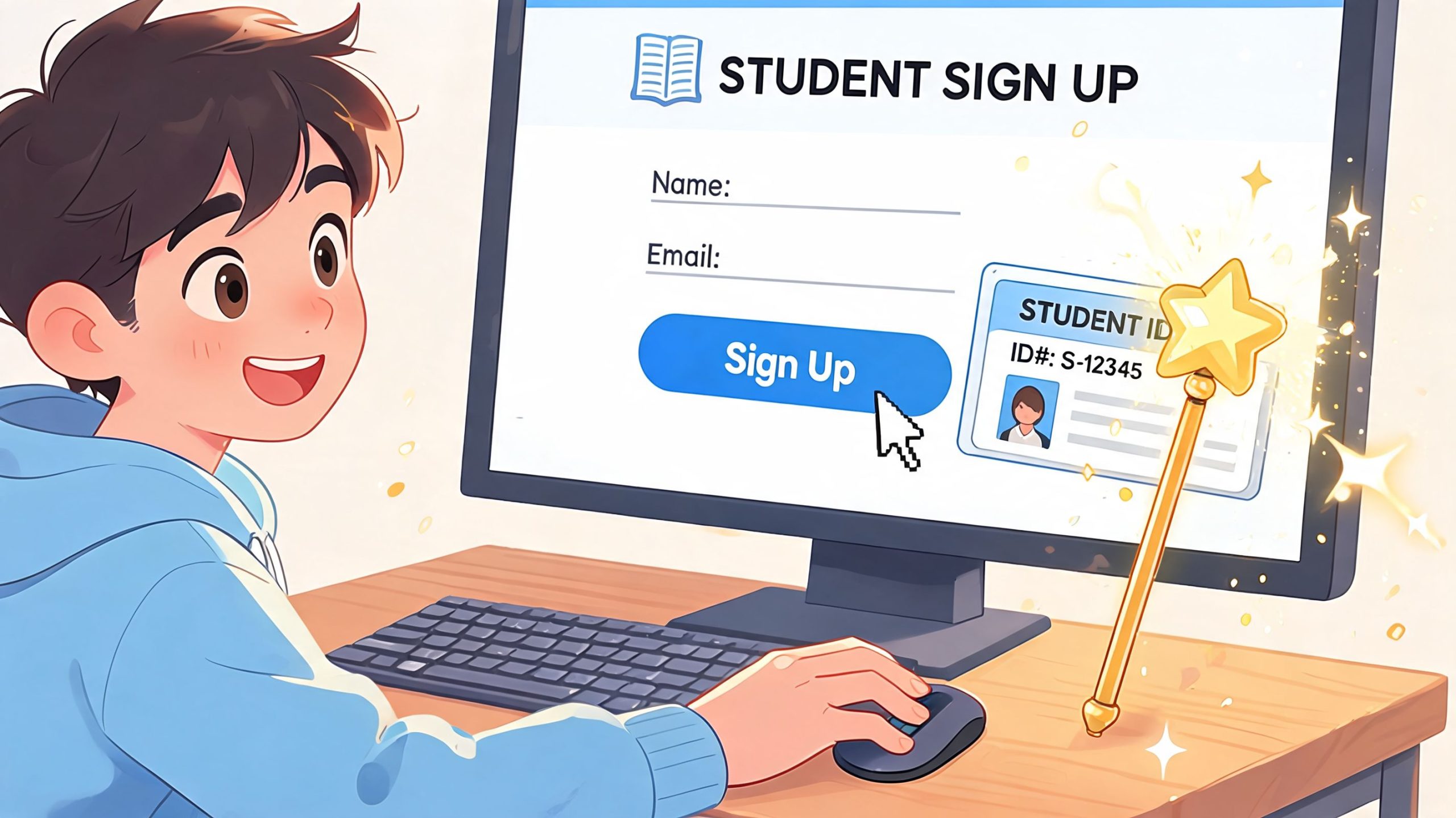 A young student sits at a computer desk excitedly signing up for an online defensive driving course.